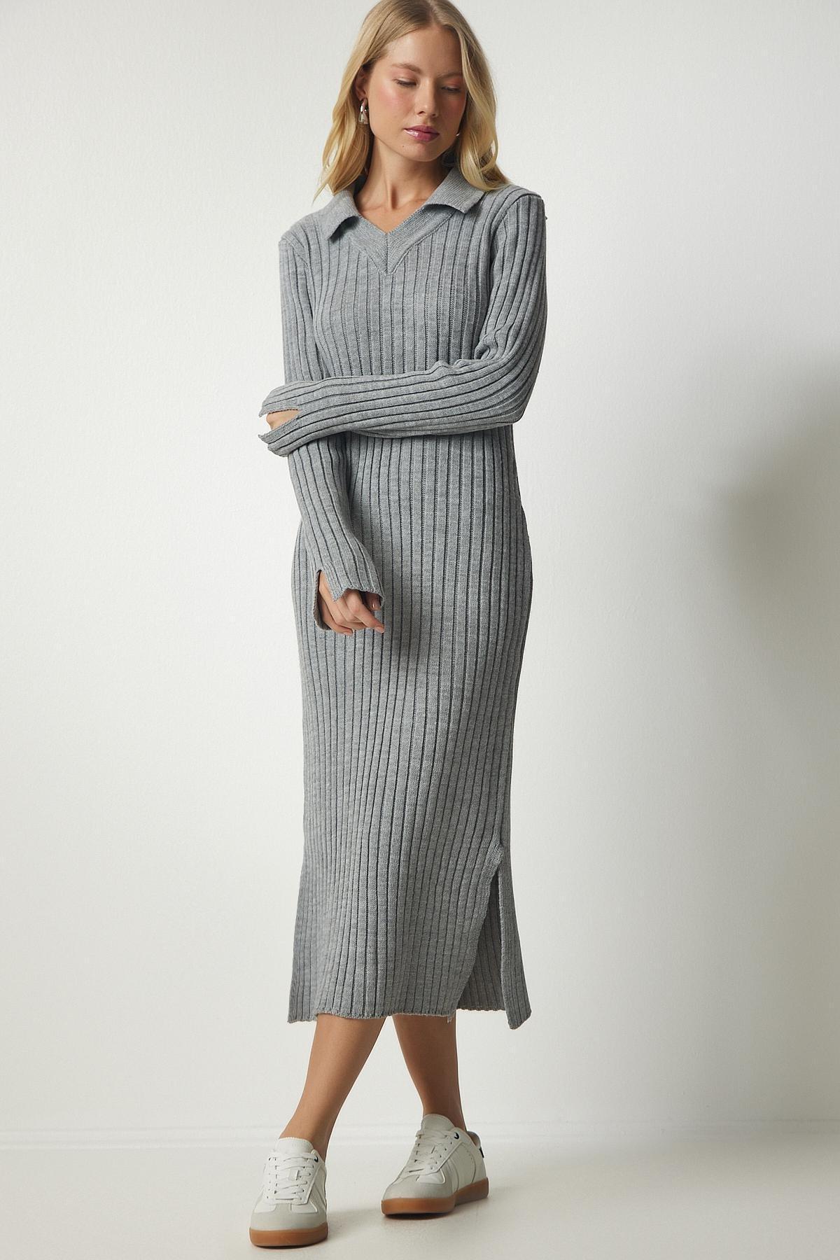 Grey Polo Neck Ribbed Knitwear Dress, C101_1653, large image number 1