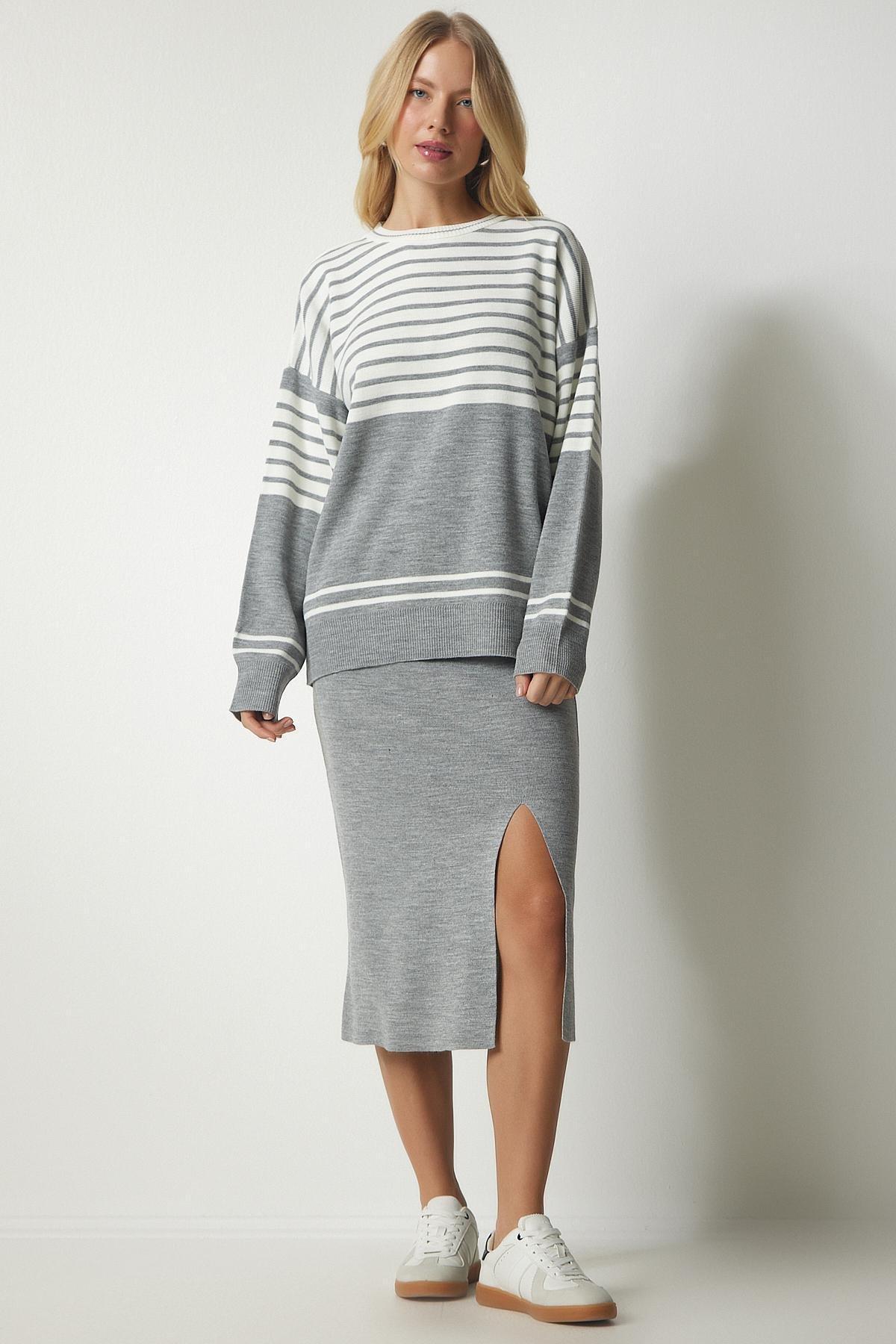 Happiness Istanbul - Grey Striped Sweater Skirt Knitwear Co-Ord Set