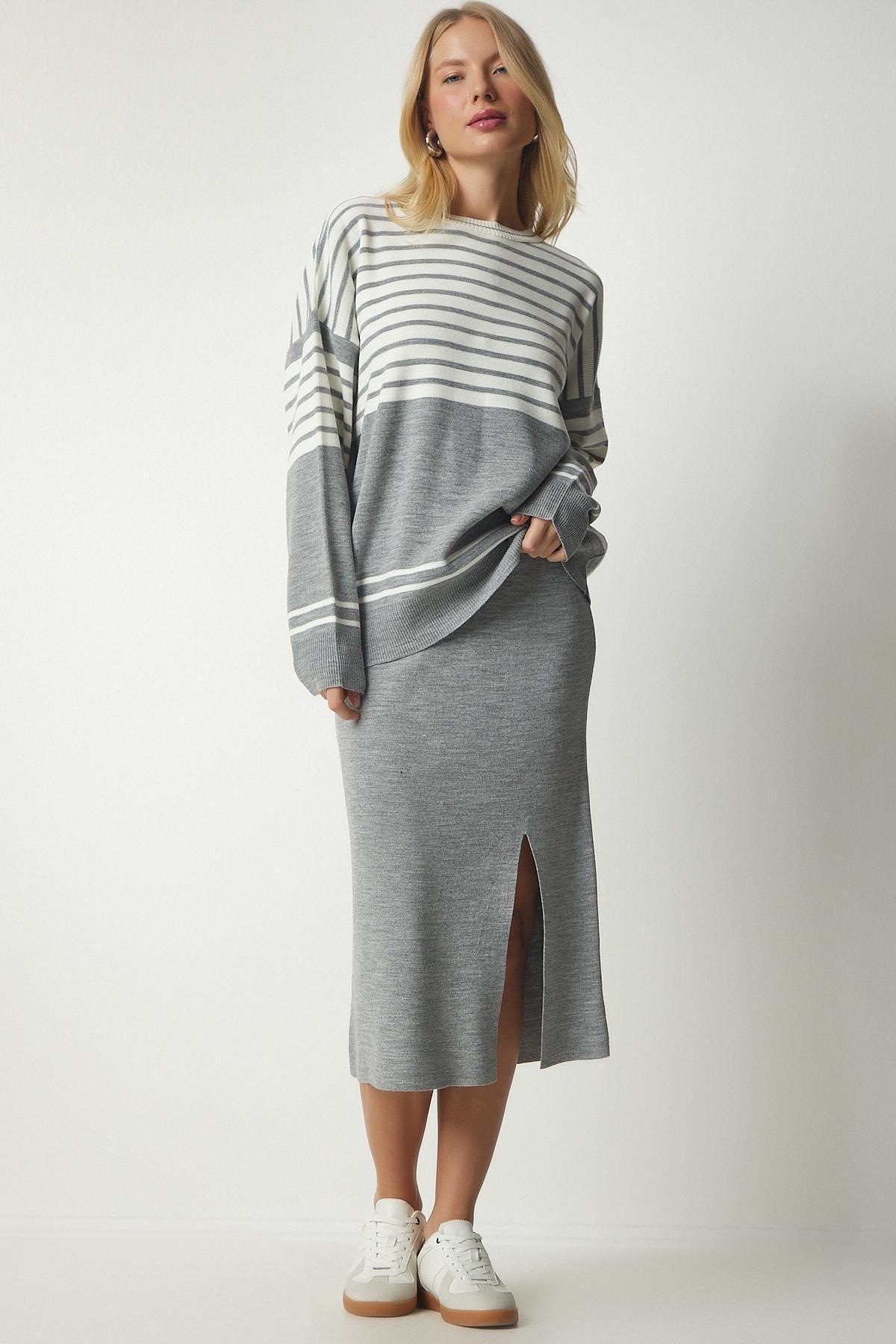 Happiness Istanbul - Grey Striped Sweater Skirt Knitwear Co-Ord Set