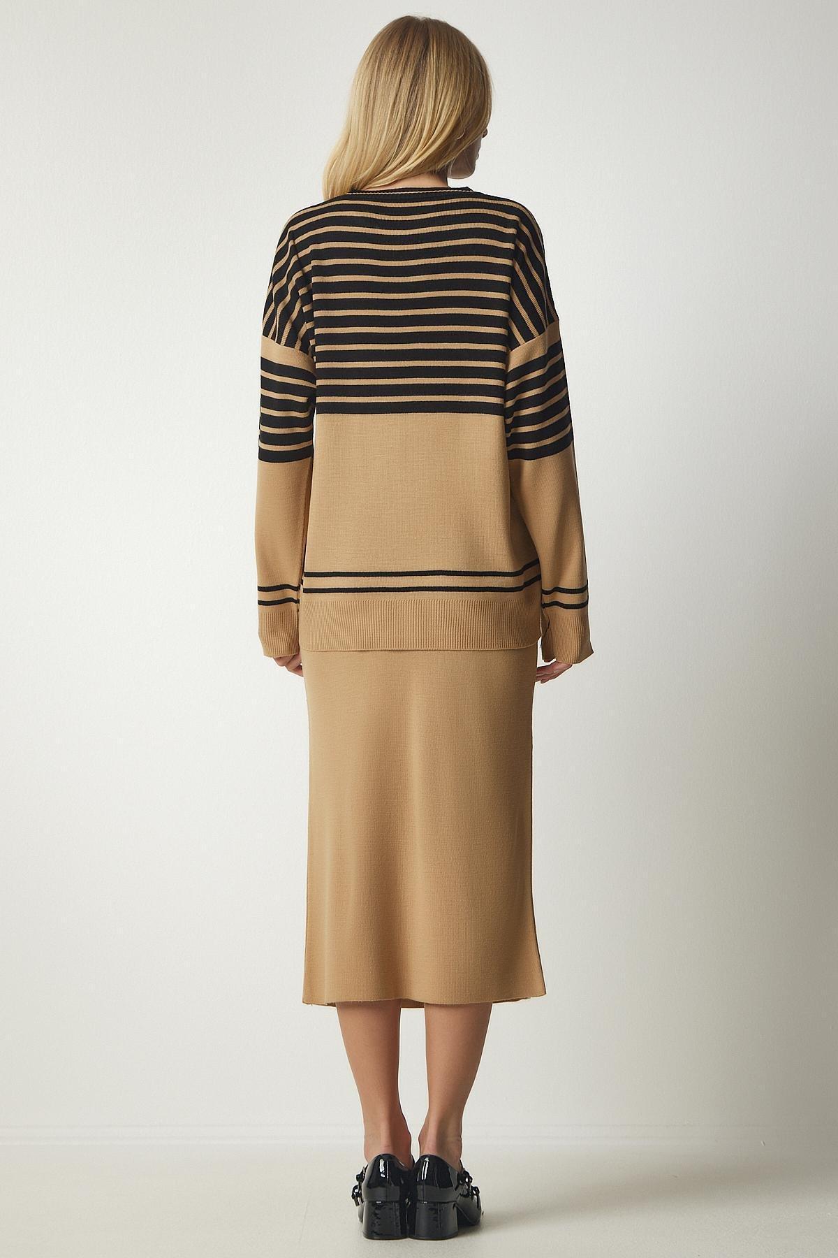 Happiness Istanbul - Beige Striped Sweater Skirt Knitwear Co-Ord Set