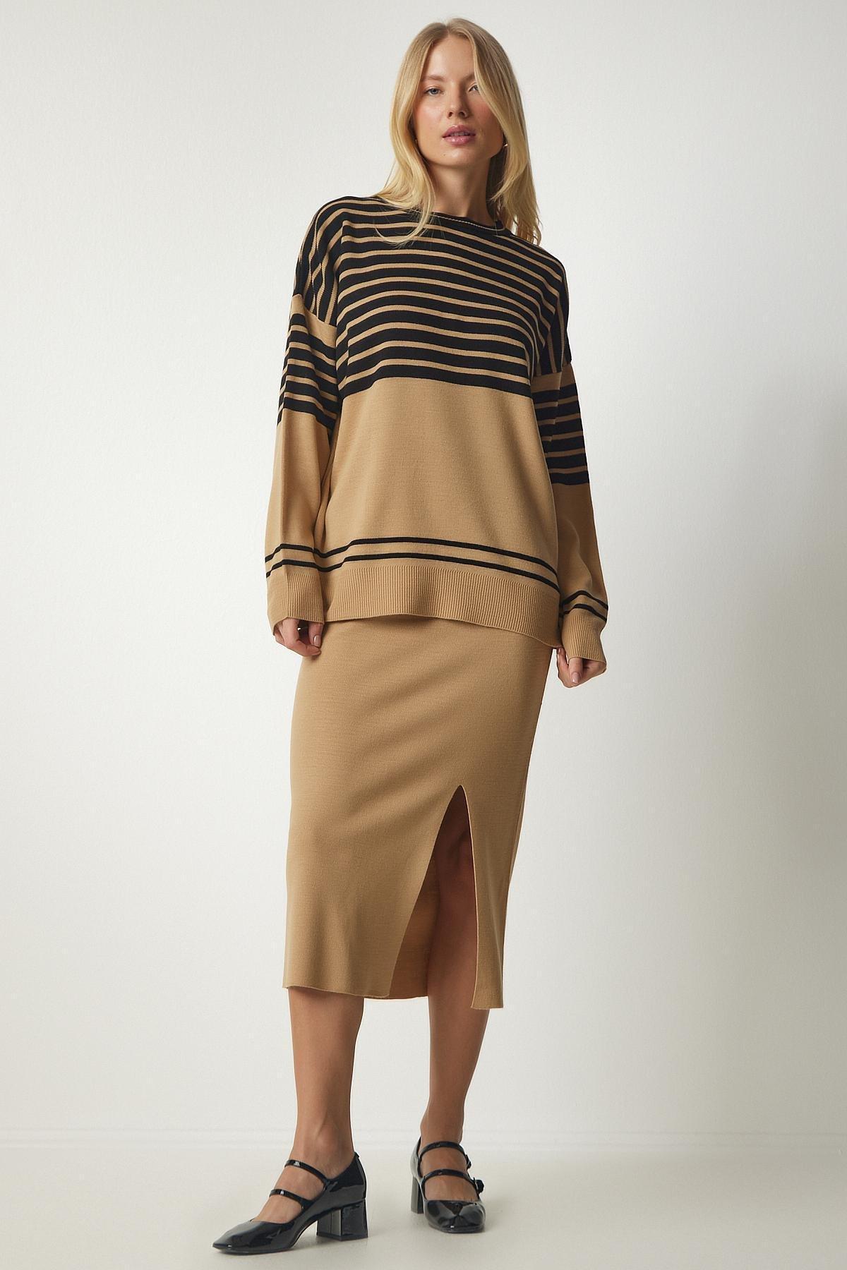 Beige Striped Sweater Skirt Knitwear Co-Ord Set, , large image number 2