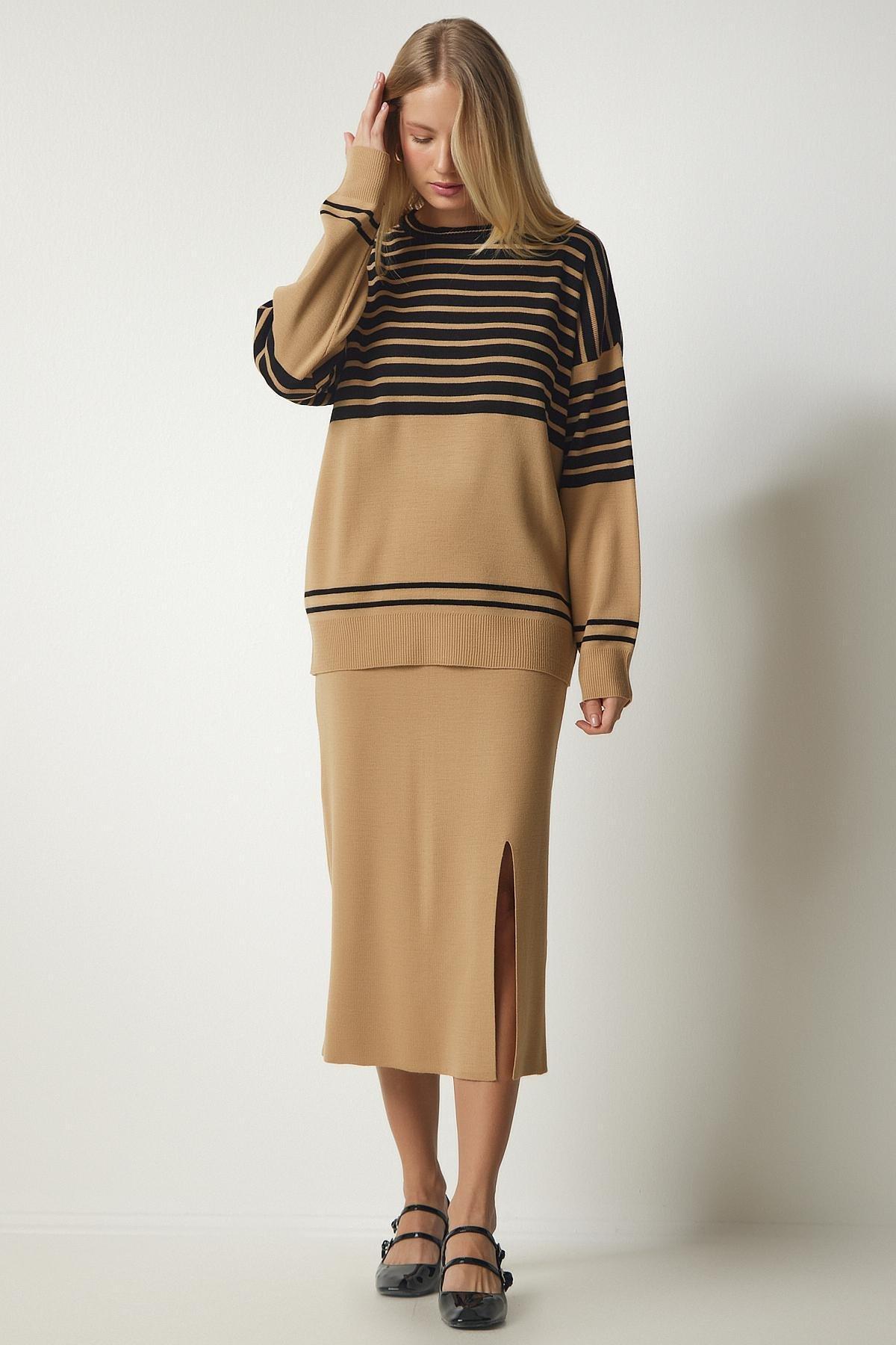 Happiness Istanbul - Beige Striped Sweater Skirt Knitwear Co-Ord Set