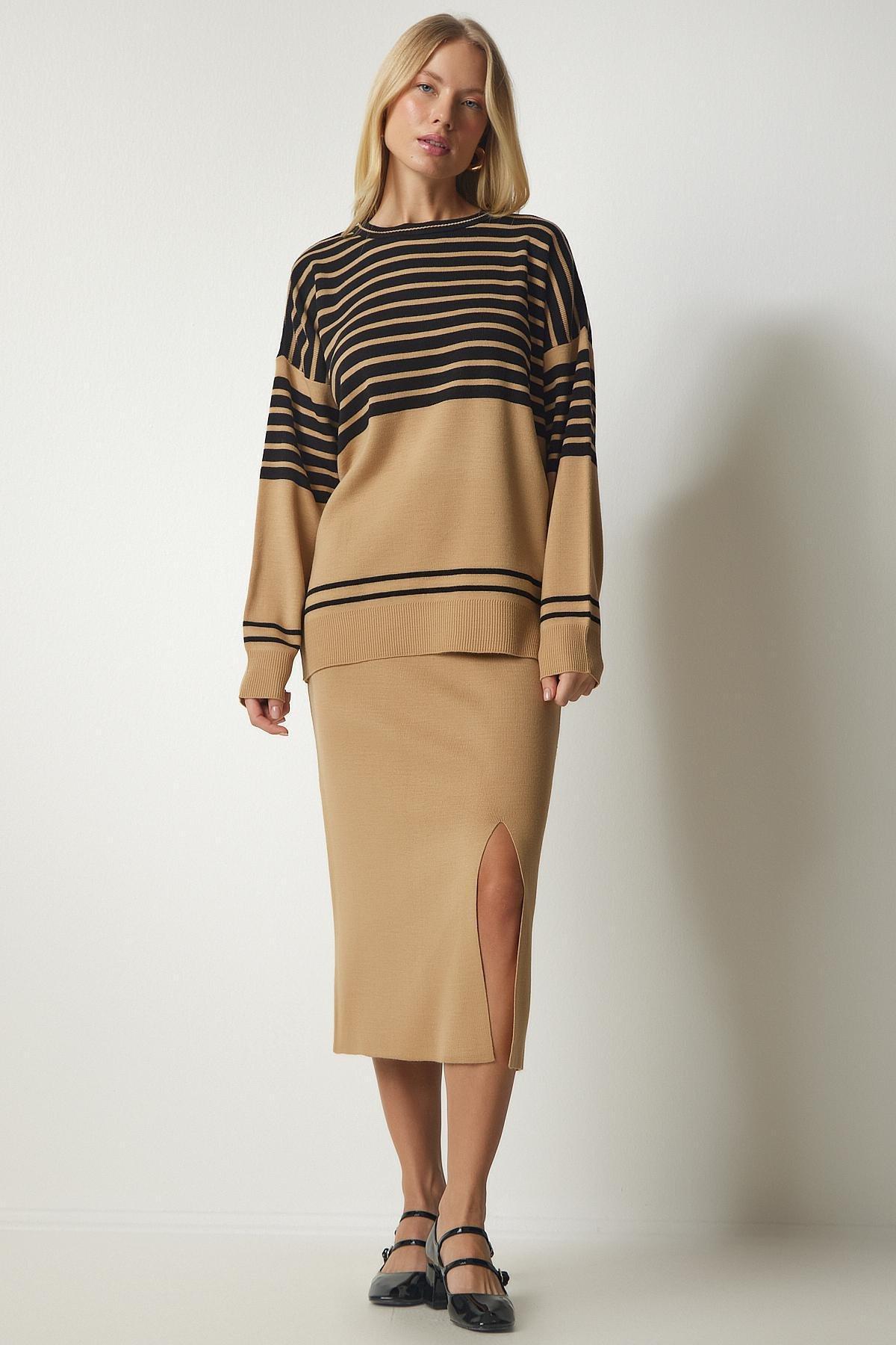 Happiness Istanbul - Beige Striped Sweater Skirt Knitwear Co-Ord Set