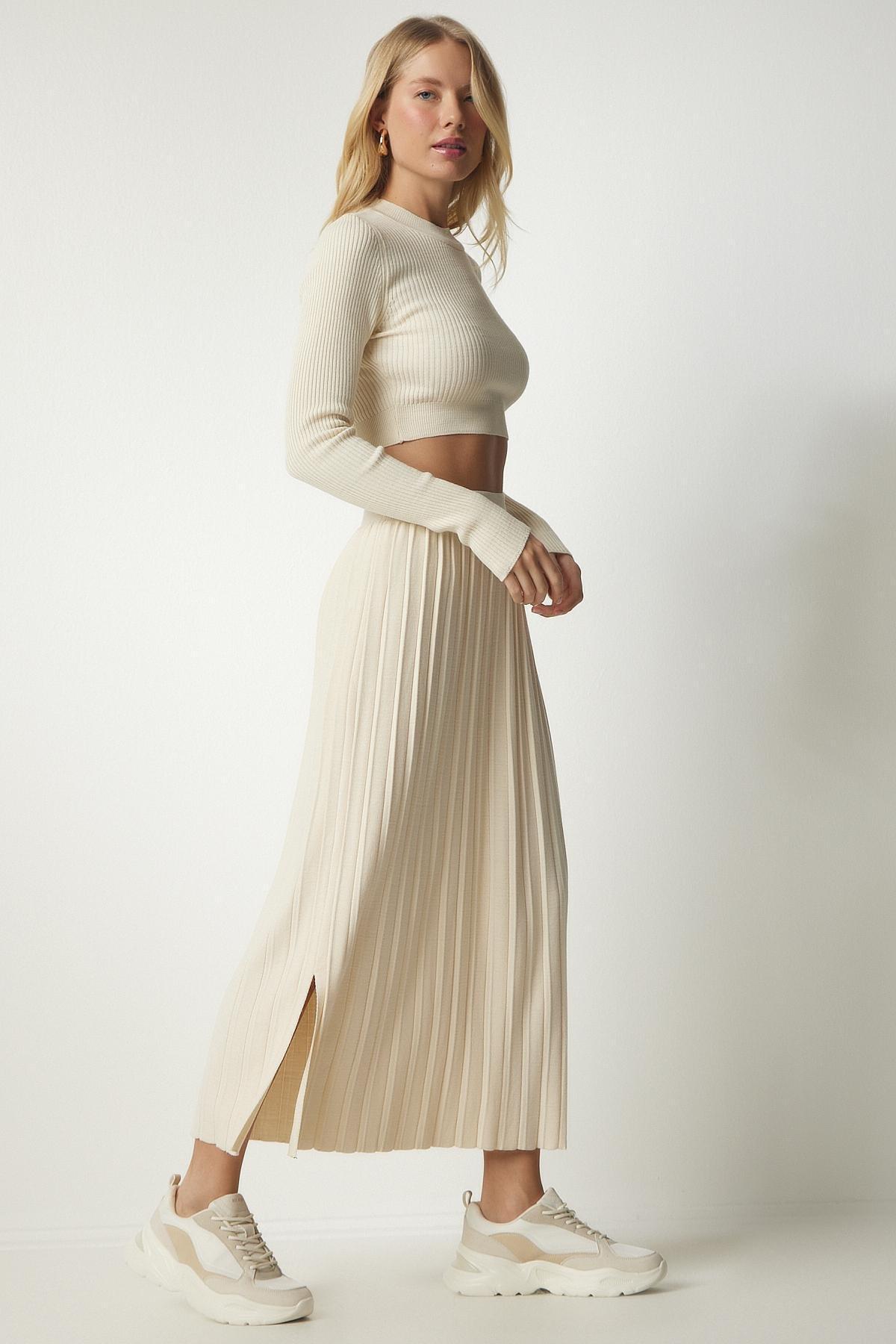 Cream Ribbed Knitwear Skirt, Cream, large image number 0