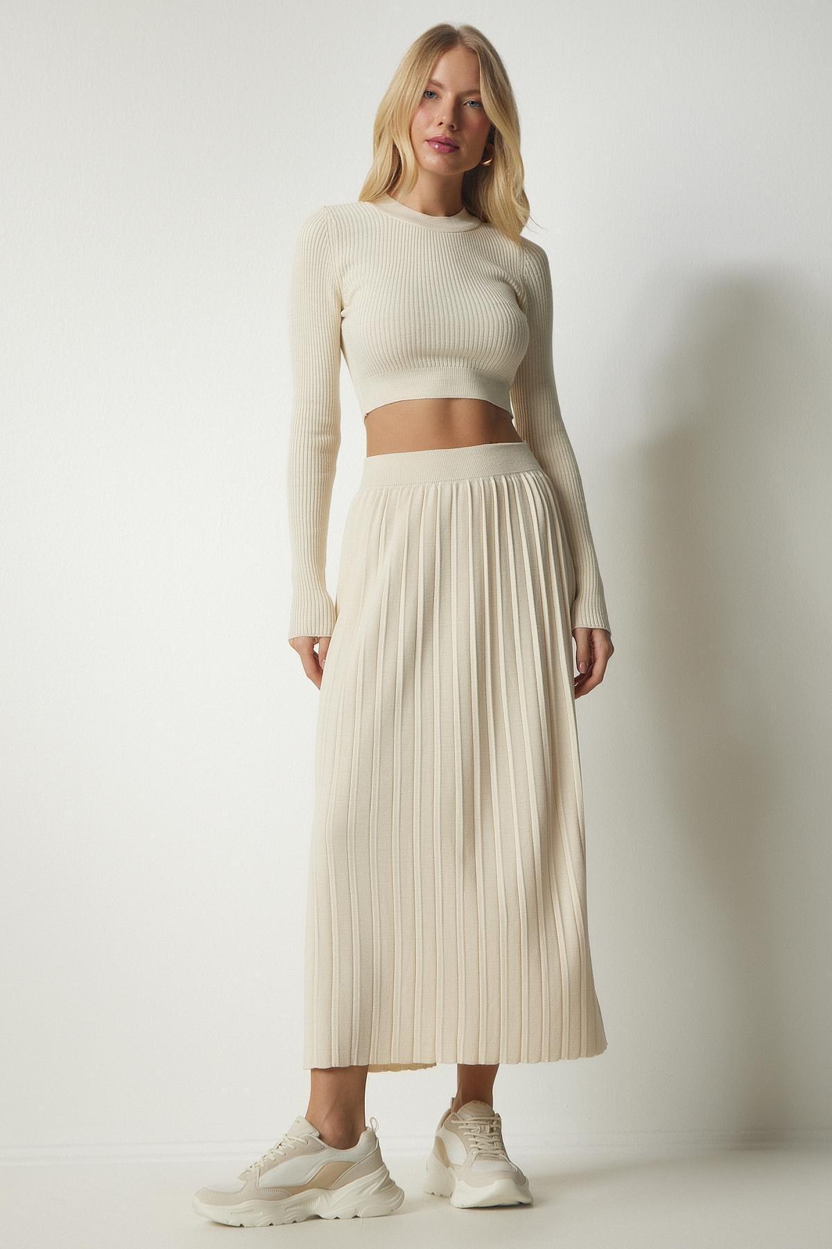 Cream Ribbed Knitwear Skirt, Cream, large image number 1