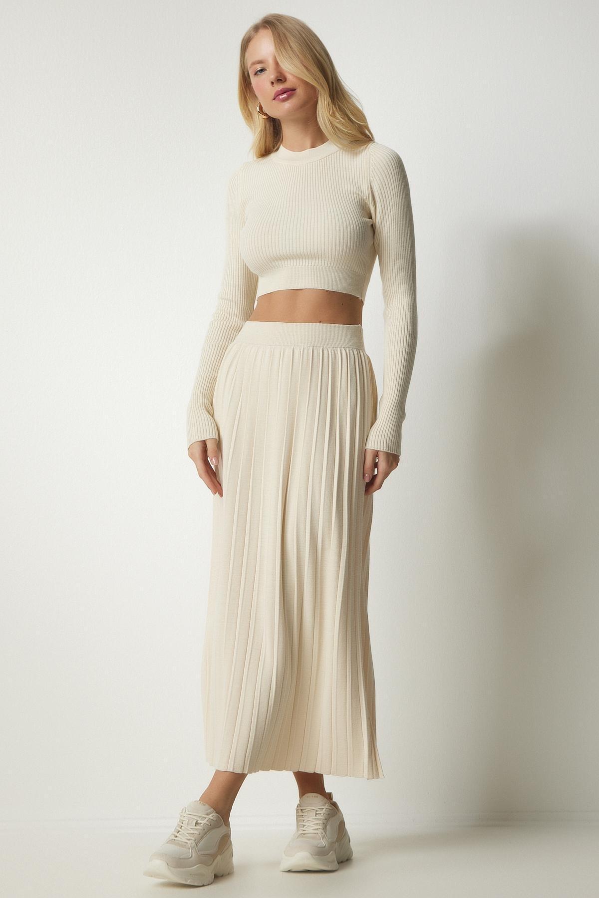 Cream Ribbed Knitwear Skirt, Cream, large image number 2