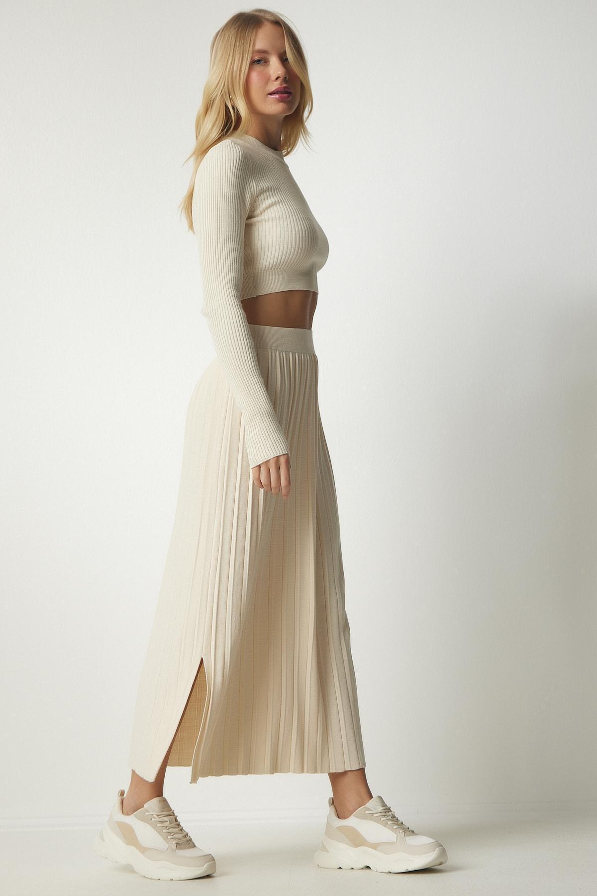 Cream Ribbed Knitwear Skirt, Cream, large image number 3