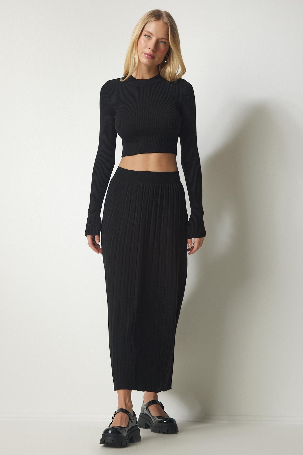Black Ribbed Knitwear Crop Co-Ord Set, BLACK, large image number 0