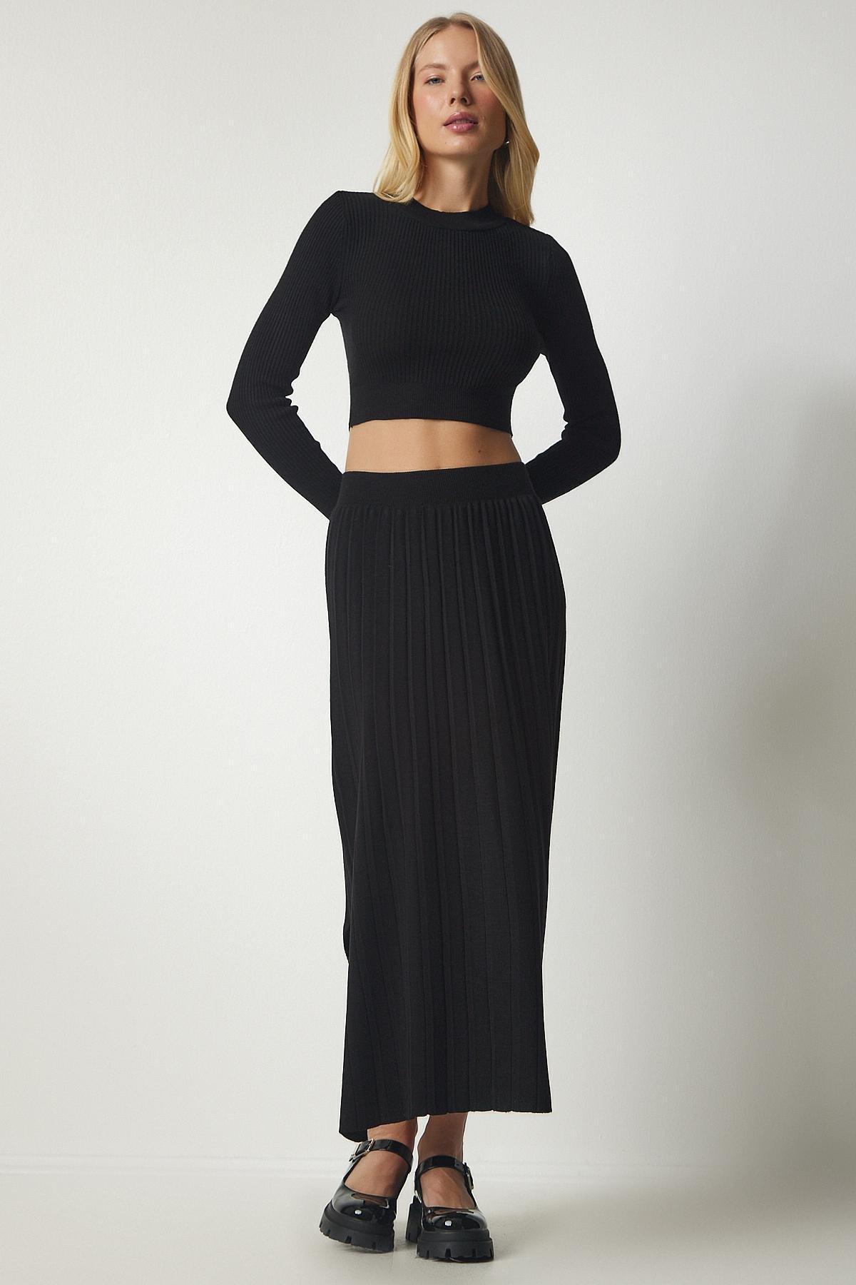 Black Ribbed Knitwear Crop Co-Ord Set, BLACK, large image number 2
