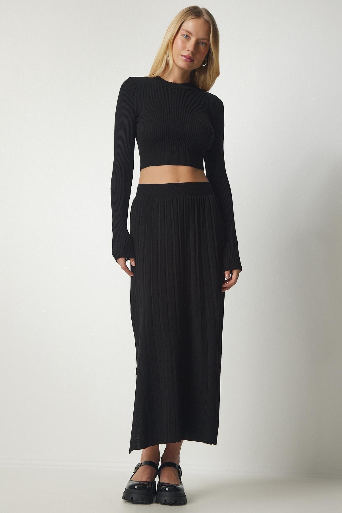 Black Ribbed Knitwear Crop Co-Ord Set, BLACK, large image number 3