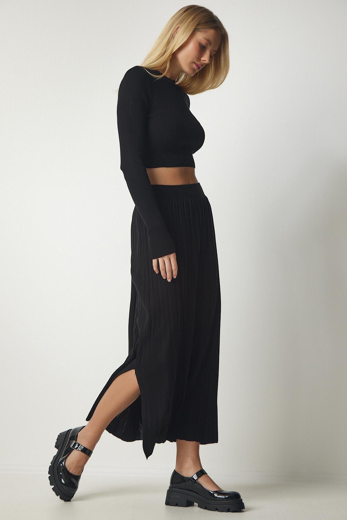 Black Ribbed Knitwear Crop Co-Ord Set, BLACK, large image number 4