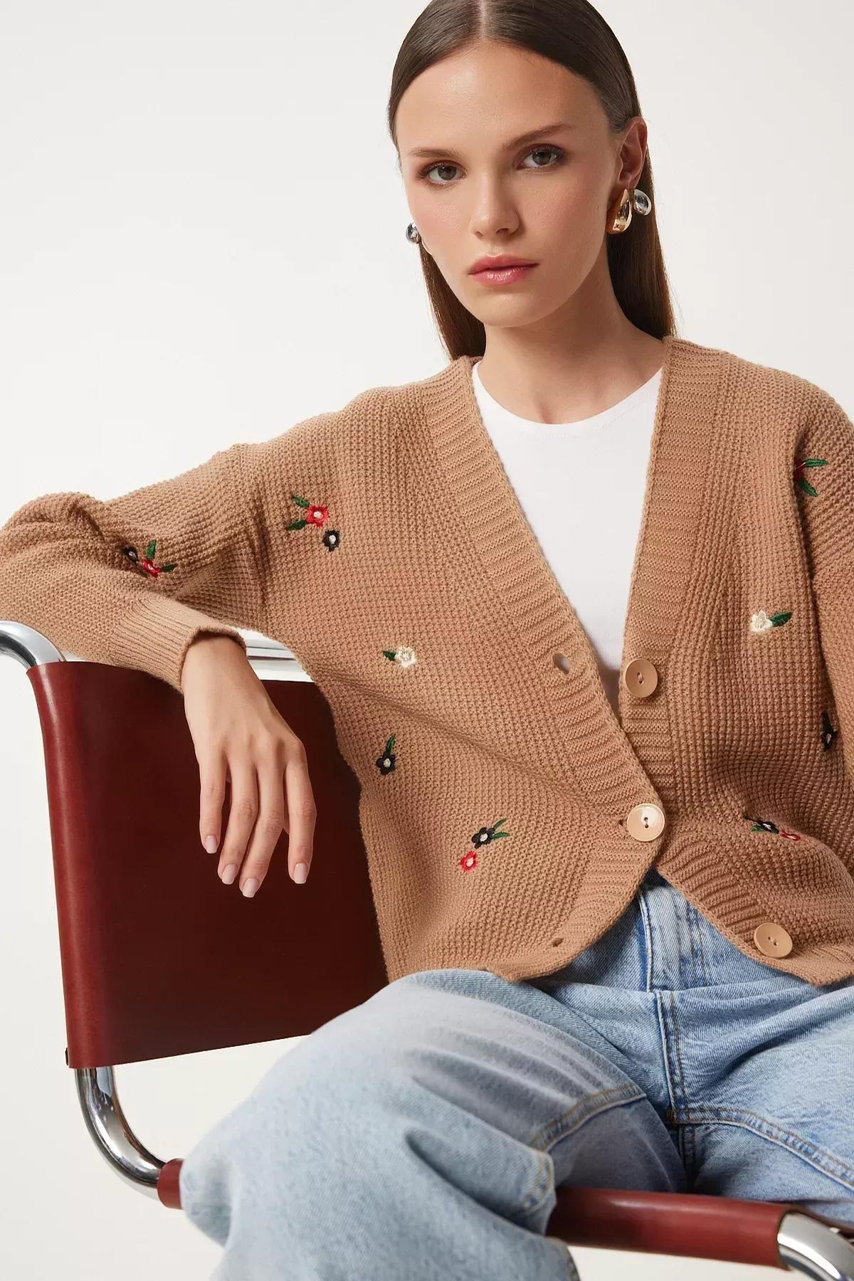 Beige Floral Embroidery Buttons Knitwear Cardigan, C101_1451, large image number 1