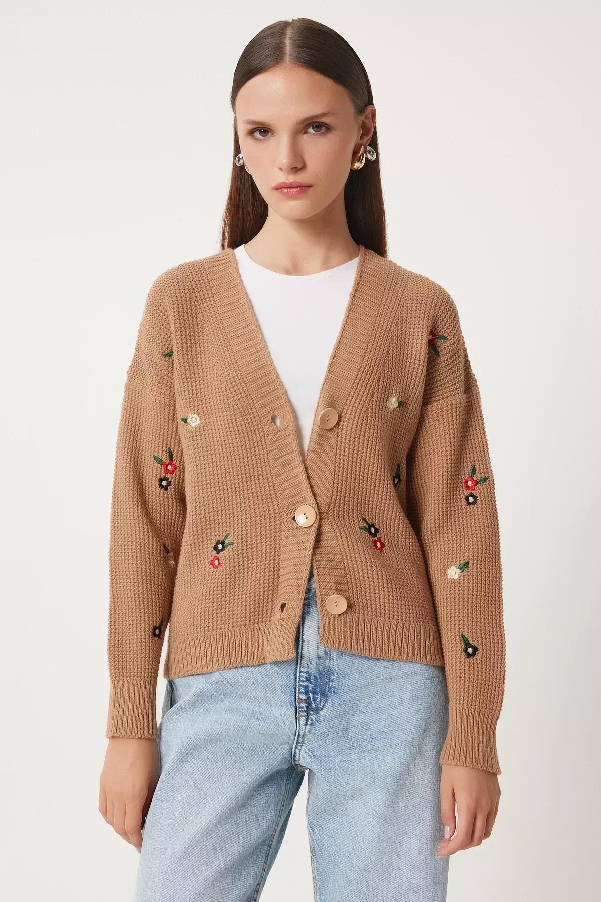 Beige Floral Embroidery Buttons Knitwear Cardigan, C101_1451, large image number 2