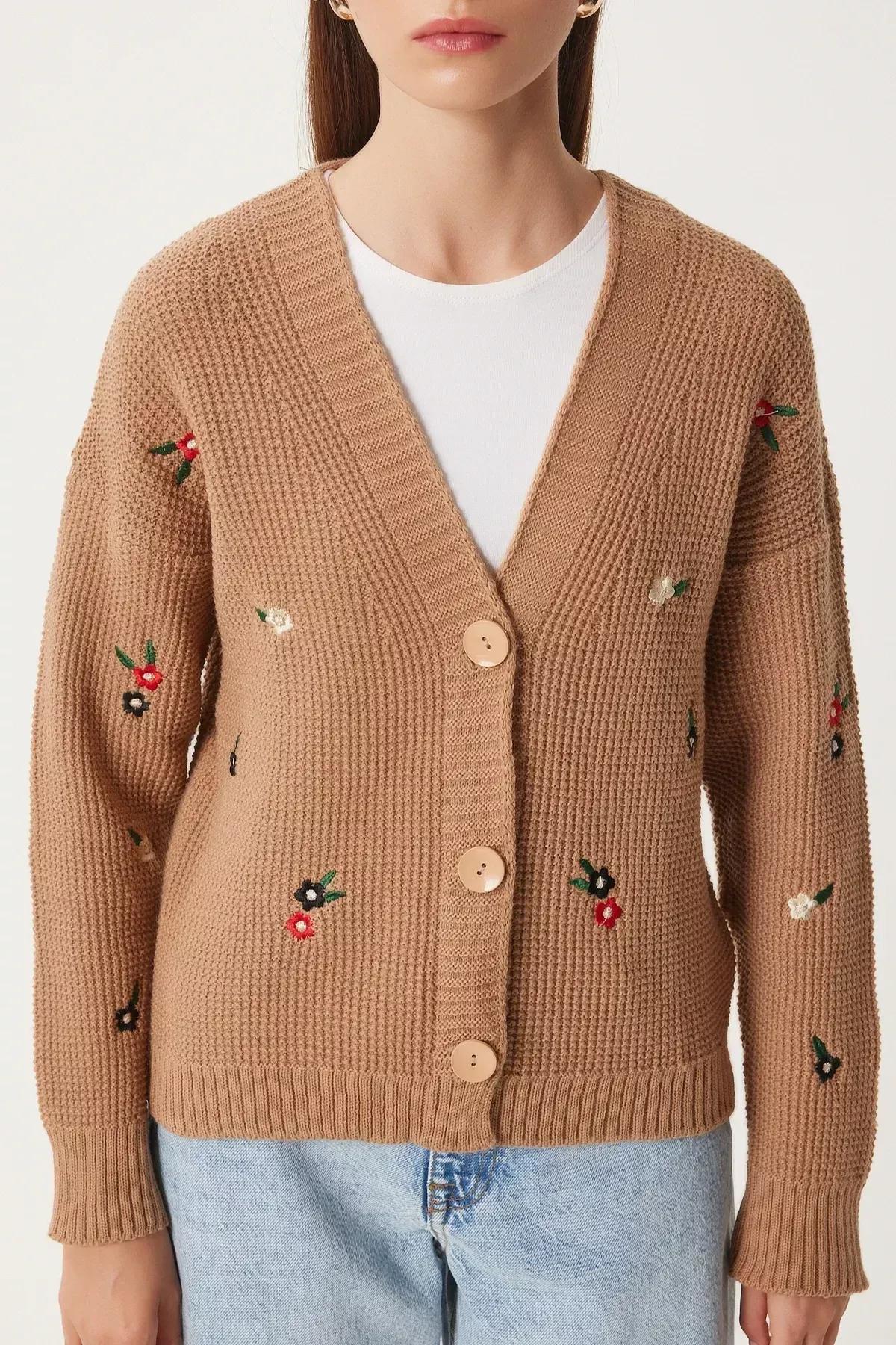 Beige Floral Embroidery Buttons Knitwear Cardigan, C101_1451, large image number 4