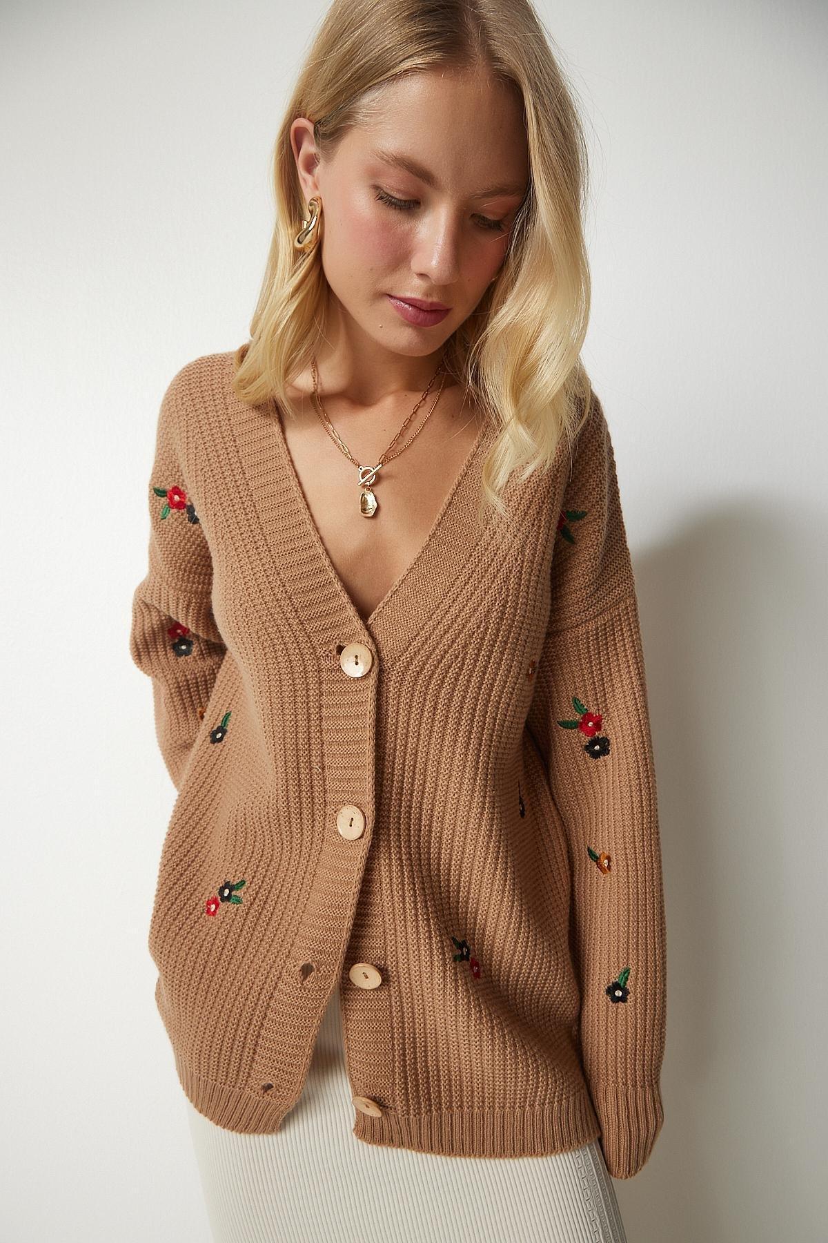 Beige Floral Embroidered Buttons Knitwear Cardigan, C101_1451, large image number 1