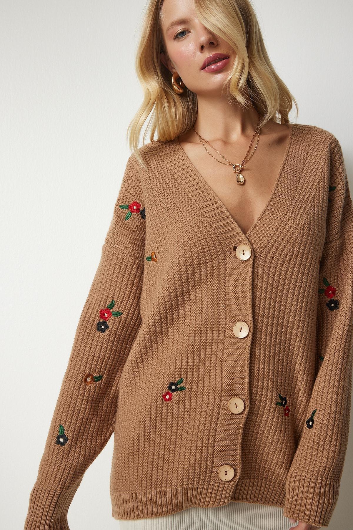 Beige Floral Embroidered Buttons Knitwear Cardigan, C101_1451, large image number 3