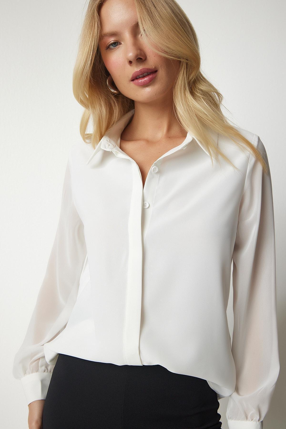 Ecru Chiffon Sleeve Elegant Shirt, Ecru, large image number 0