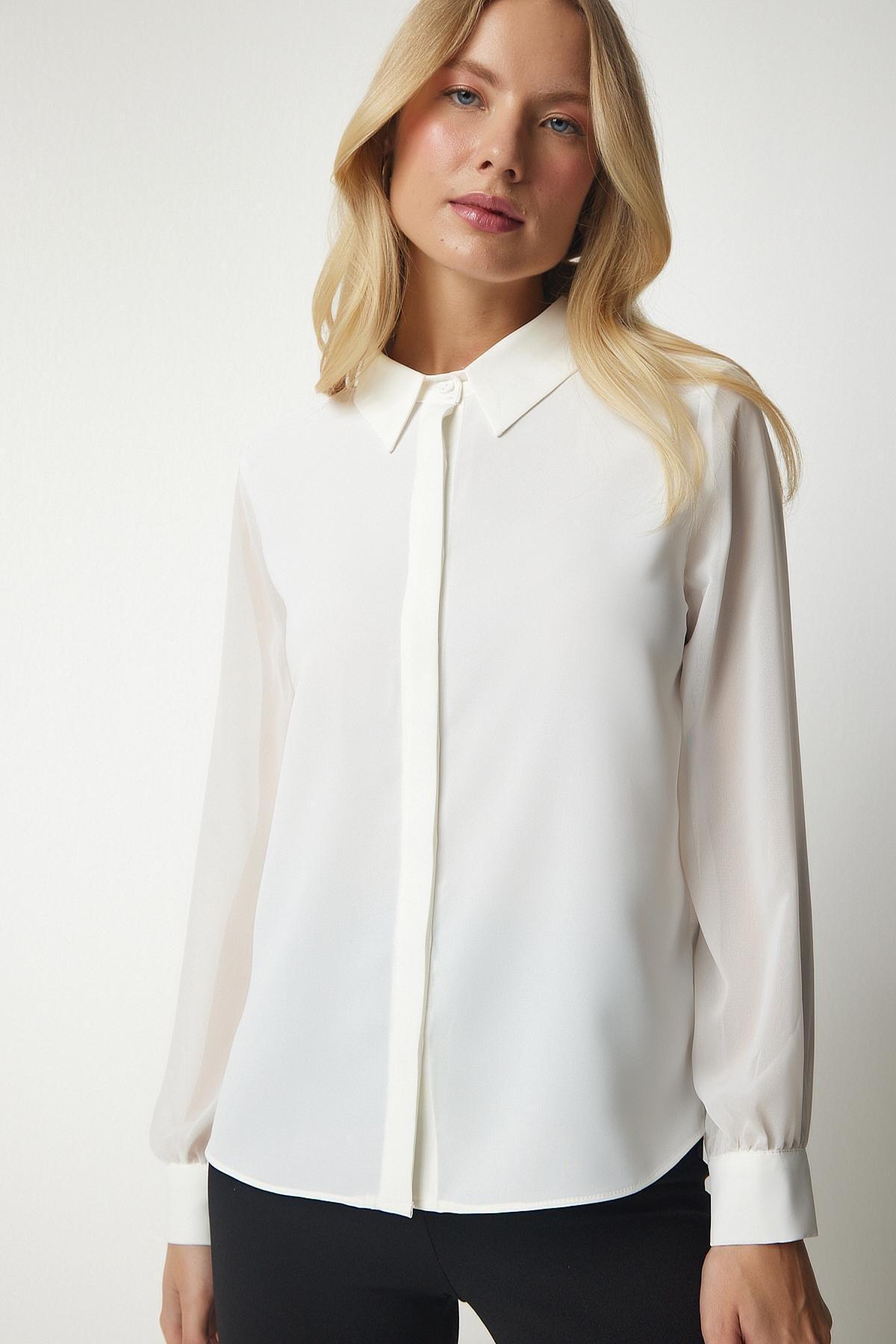 Ecru Chiffon Sleeve Elegant Shirt, Ecru, large image number 3
