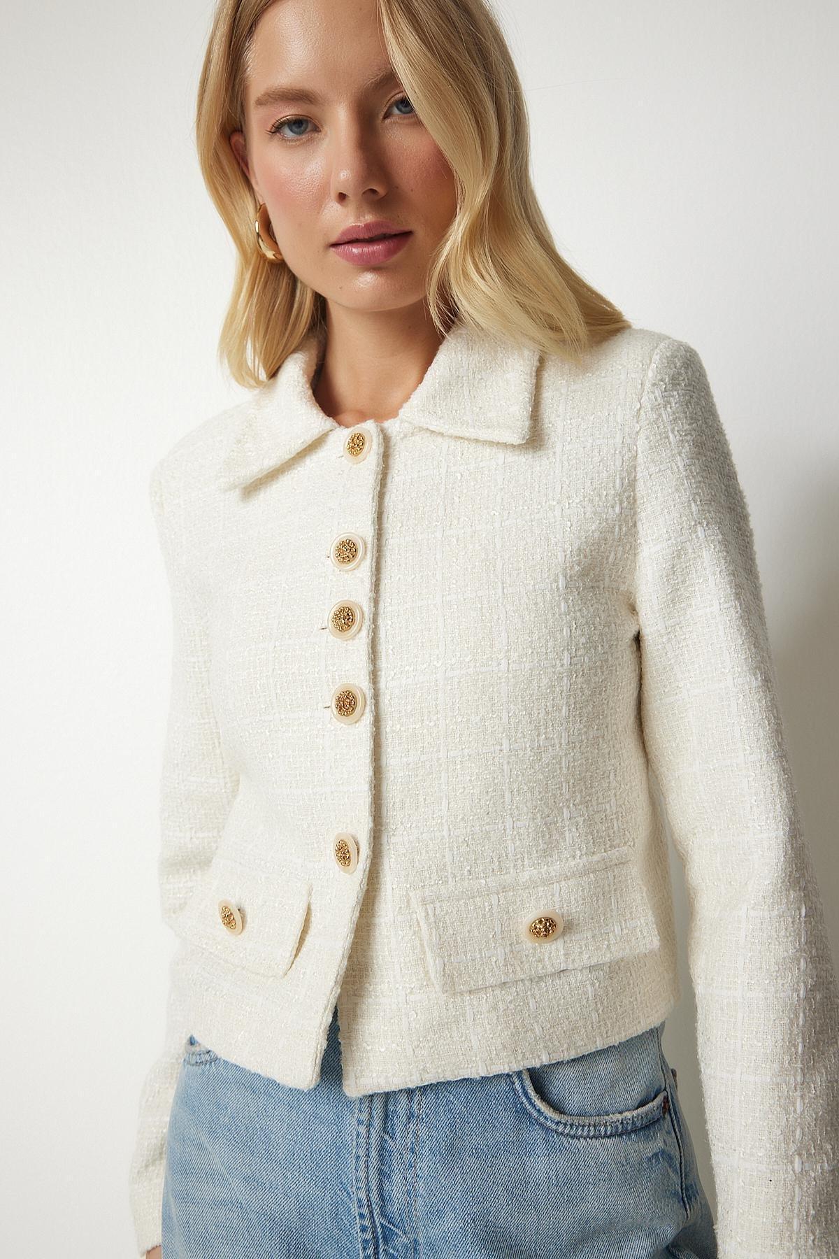 Cream Stylish Button Detailed Tweed Crop Jacket, , large image number 0