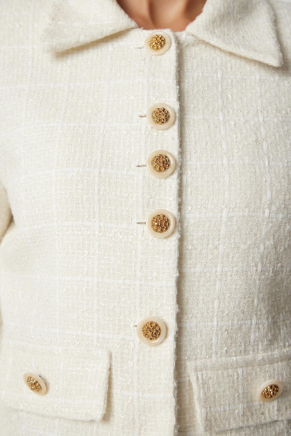 Cream Stylish Button Detailed Tweed Crop Jacket, , large image number 3