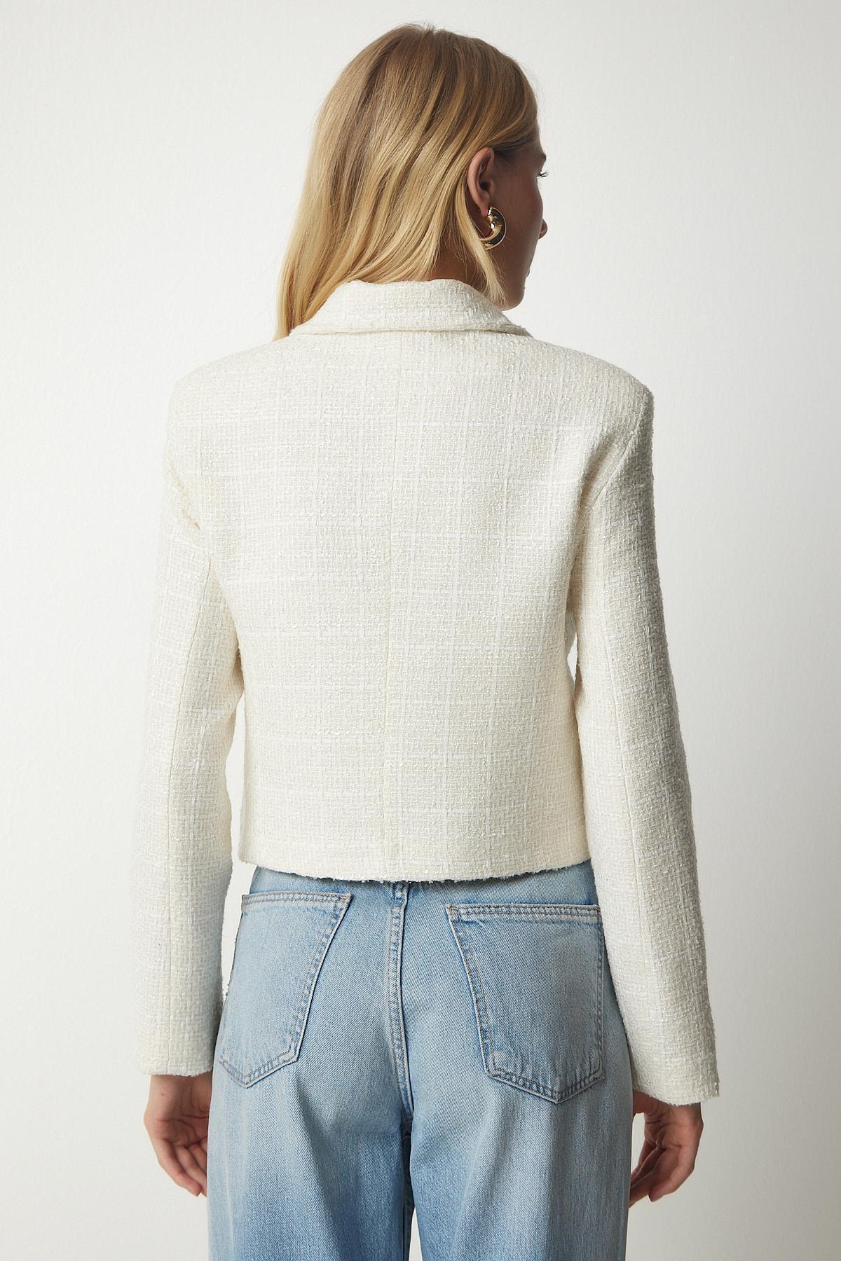 Cream Stylish Button Detailed Tweed Crop Jacket, , large image number 4