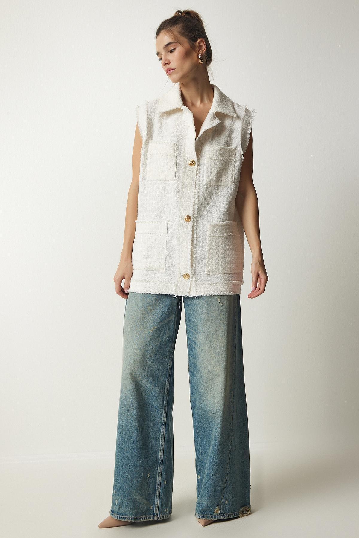 Cream Tasselled Striped Textured Vest, Cream, large image number 0