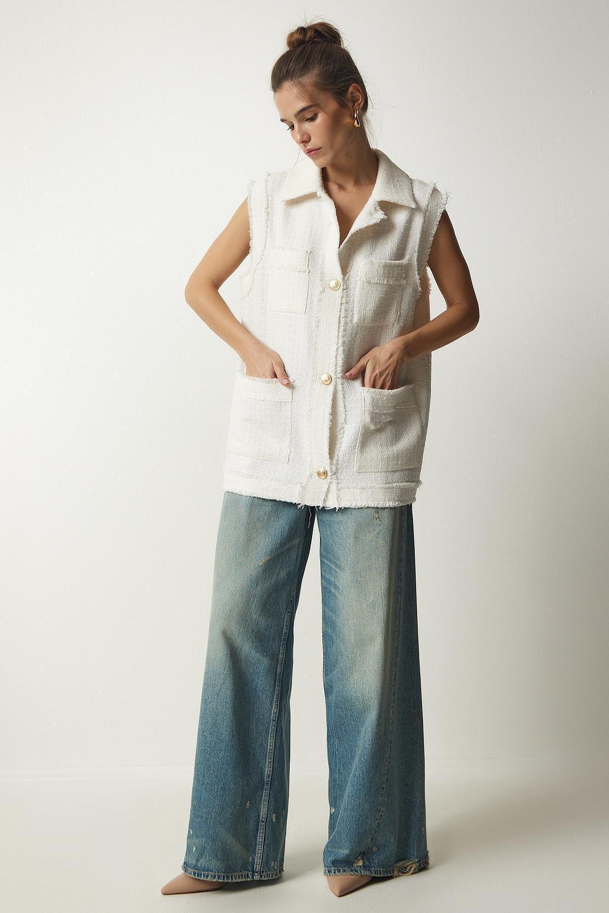 Cream Tasselled Striped Textured Vest, Cream, large image number 1