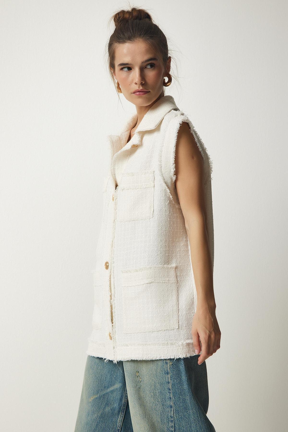 Cream Tasselled Striped Textured Vest, Cream, large image number 2
