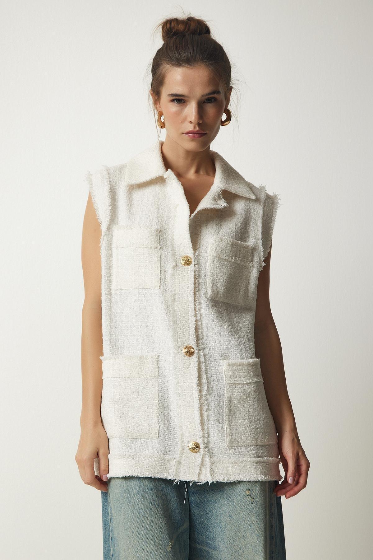Cream Tasselled Striped Textured Vest, Cream, large image number 3