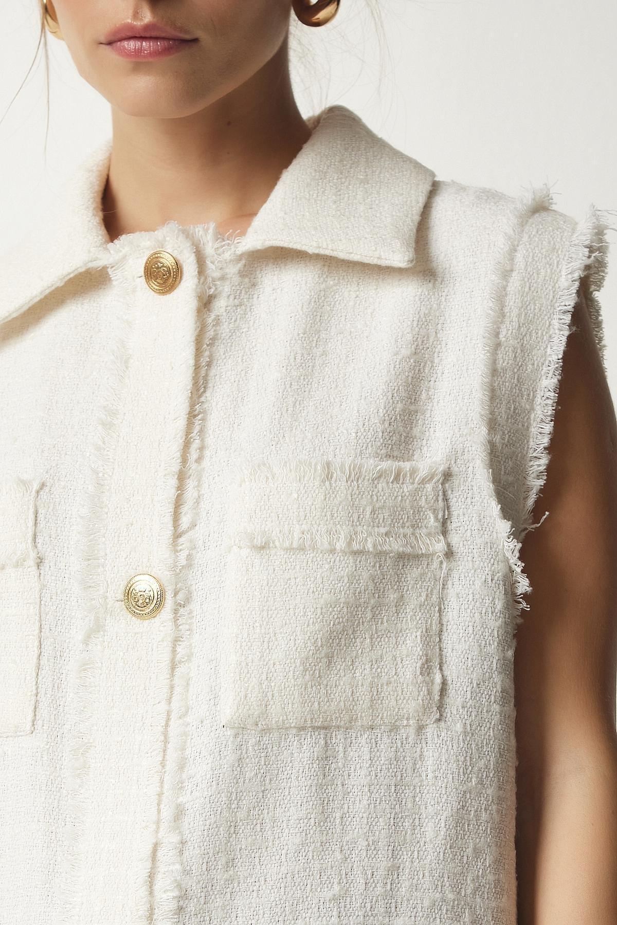 Cream Tasselled Striped Textured Vest, Cream, large image number 4