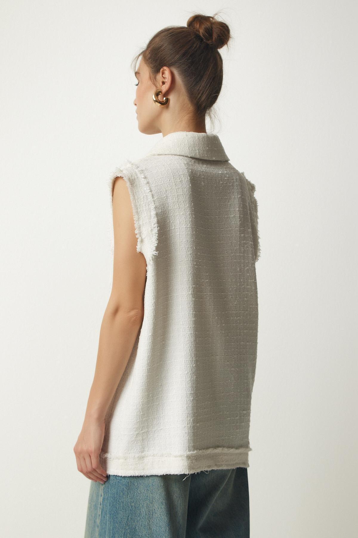 Cream Tasselled Striped Textured Vest, Cream, large image number 5