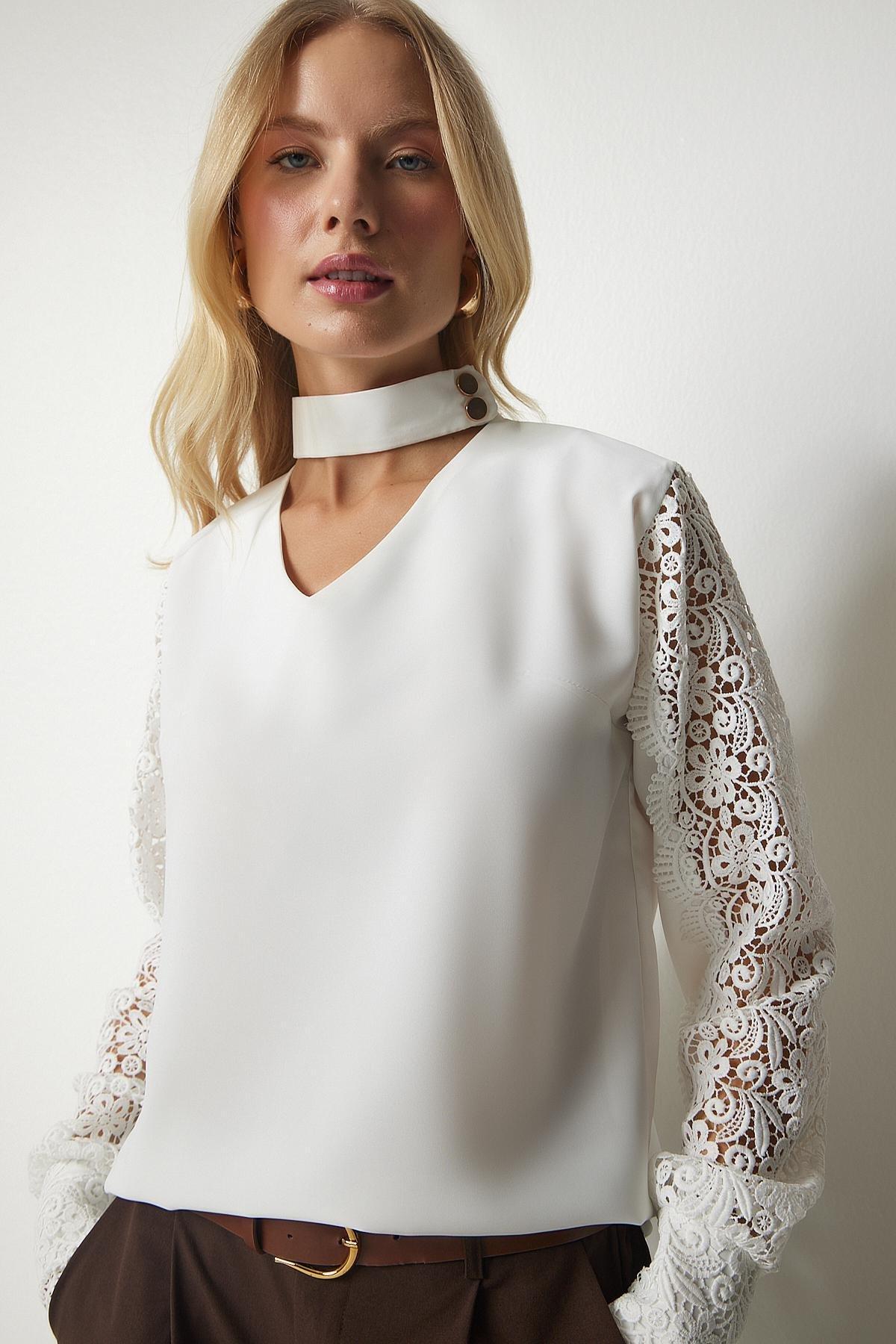 Ecru Guipure Sleeve Detailed Elegant Blouse, , large image number 0