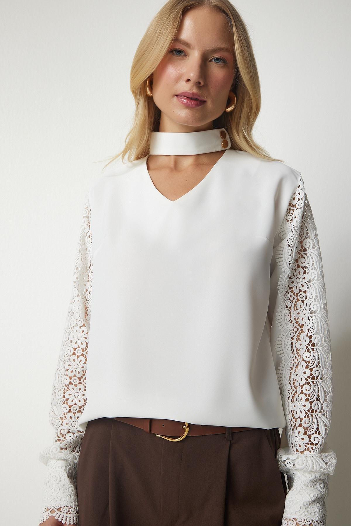 Ecru Guipure Sleeve Detailed Elegant Blouse, , large image number 1