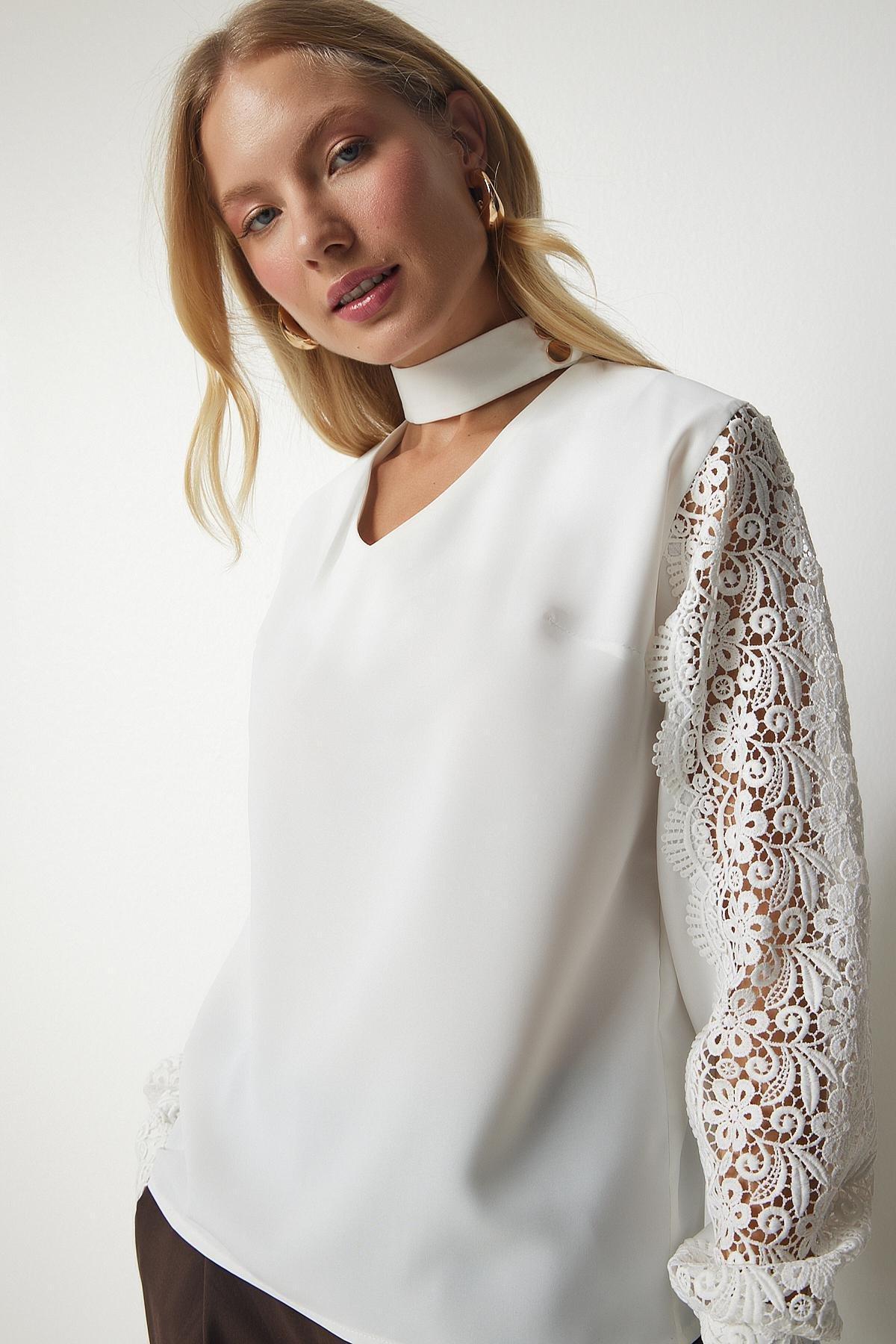Ecru Guipure Sleeve Detailed Elegant Blouse, , large image number 2