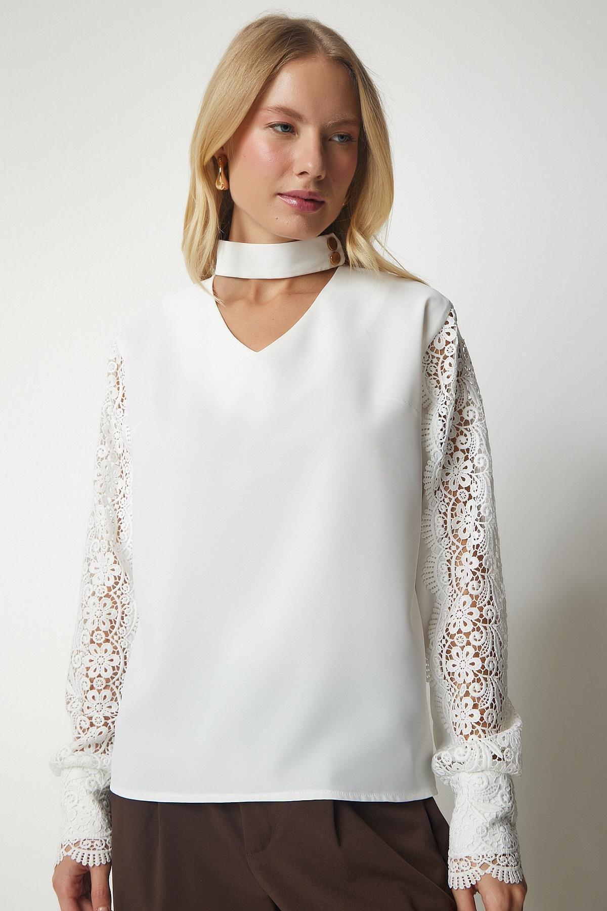 Ecru Guipure Sleeve Detailed Elegant Blouse, , large image number 3