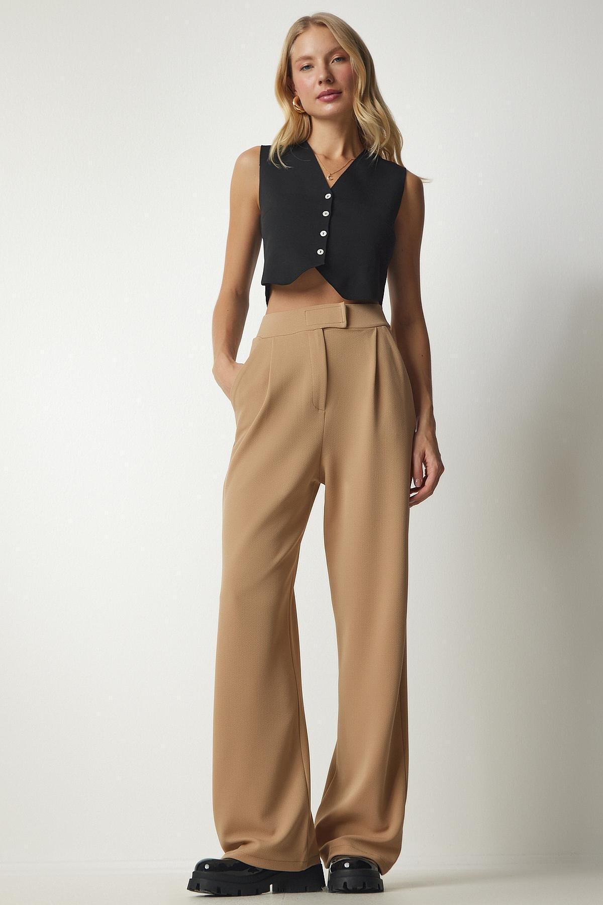 Happiness Istanbul - Beige Waist Comfortable Woven Pants