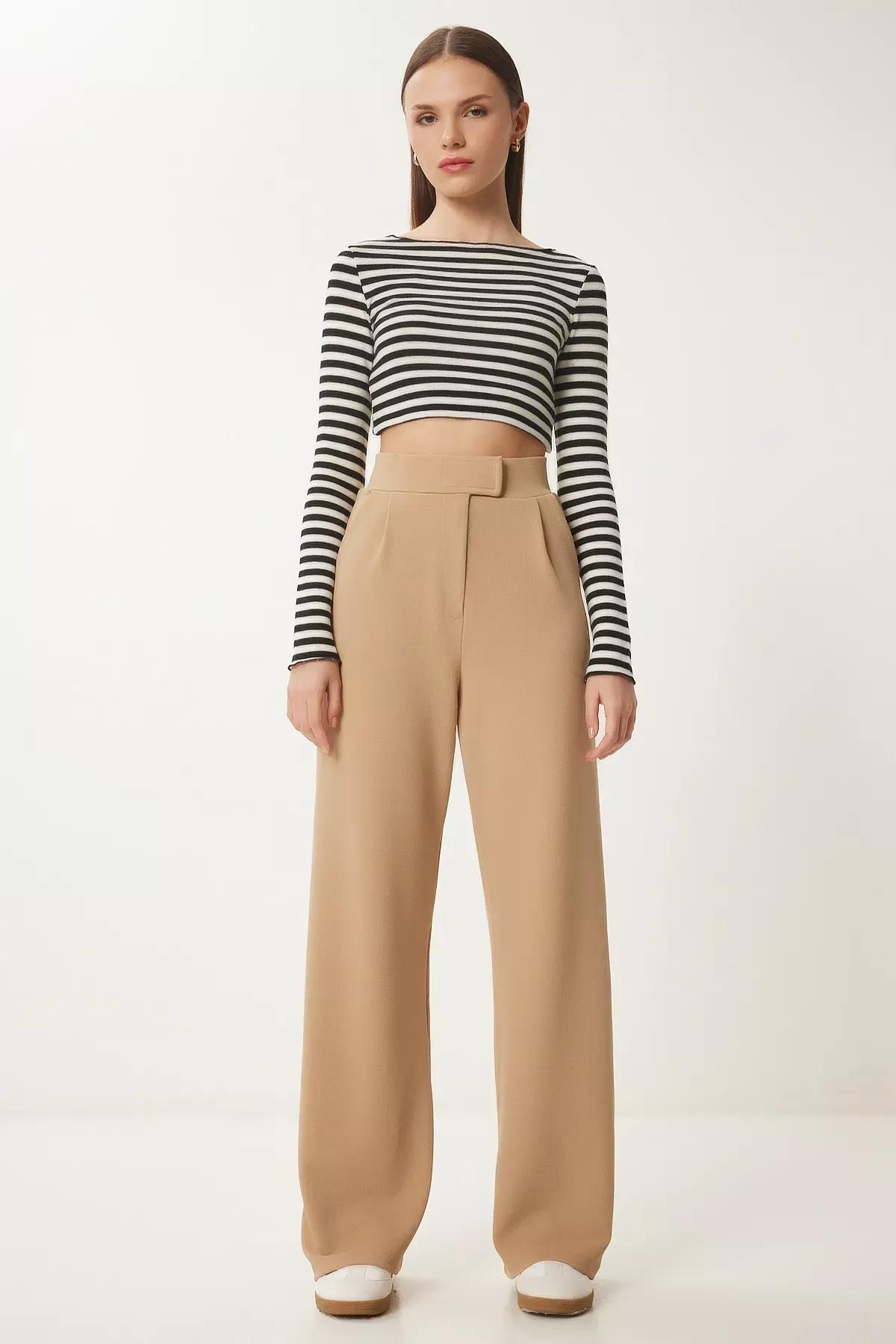 Beige Waist Comfortable Woven Pants, , large image number 0