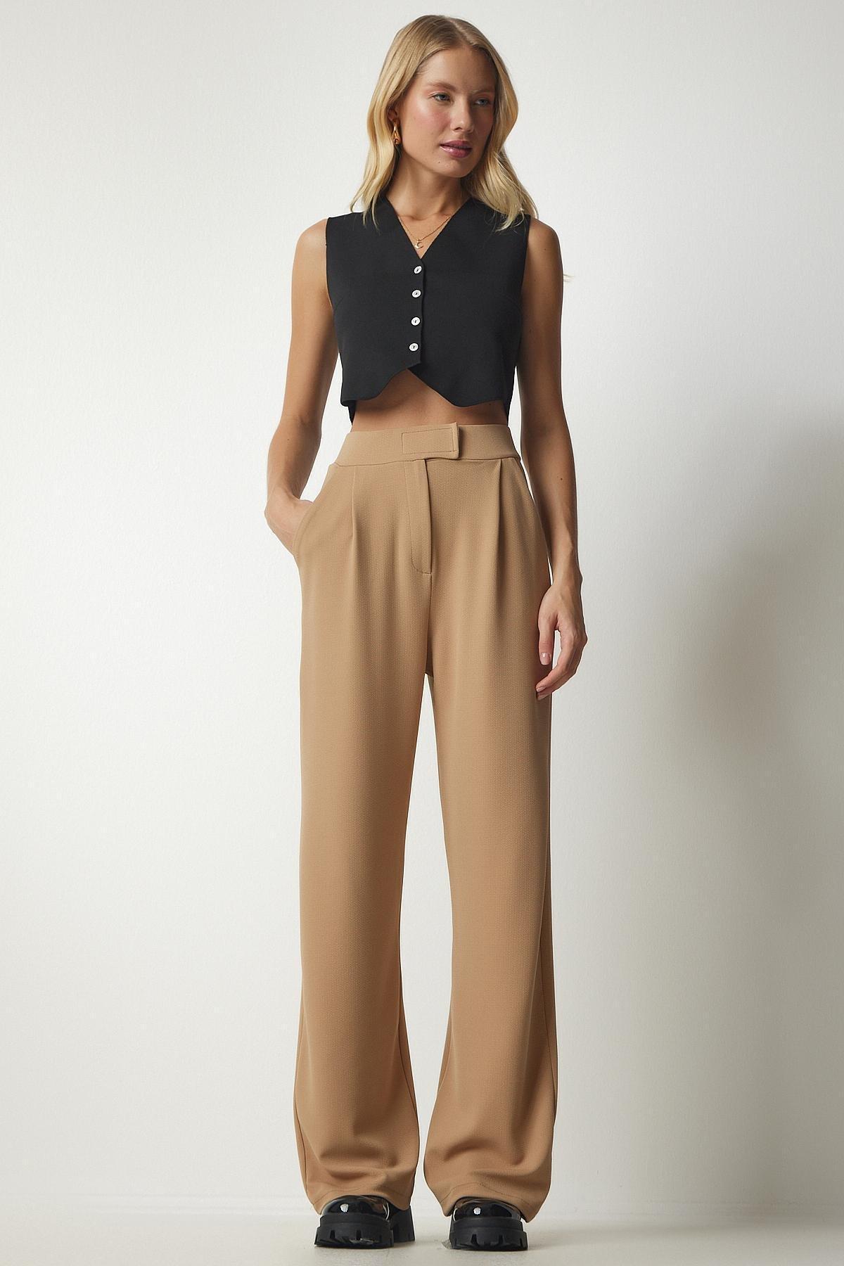 Happiness Istanbul - Beige Waist Comfortable Woven Pants