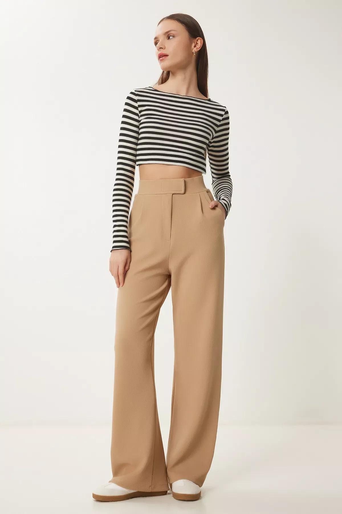 Beige Waist Comfortable Woven Pants, , large image number 1