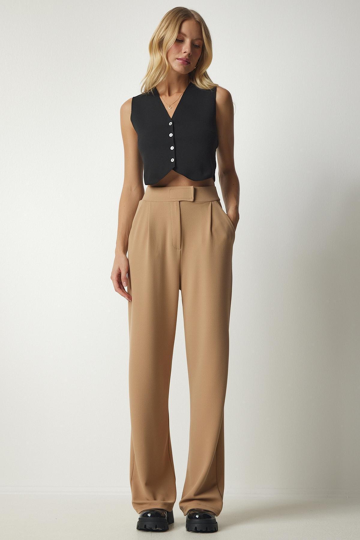 Happiness Istanbul - Beige Waist Comfortable Woven Pants