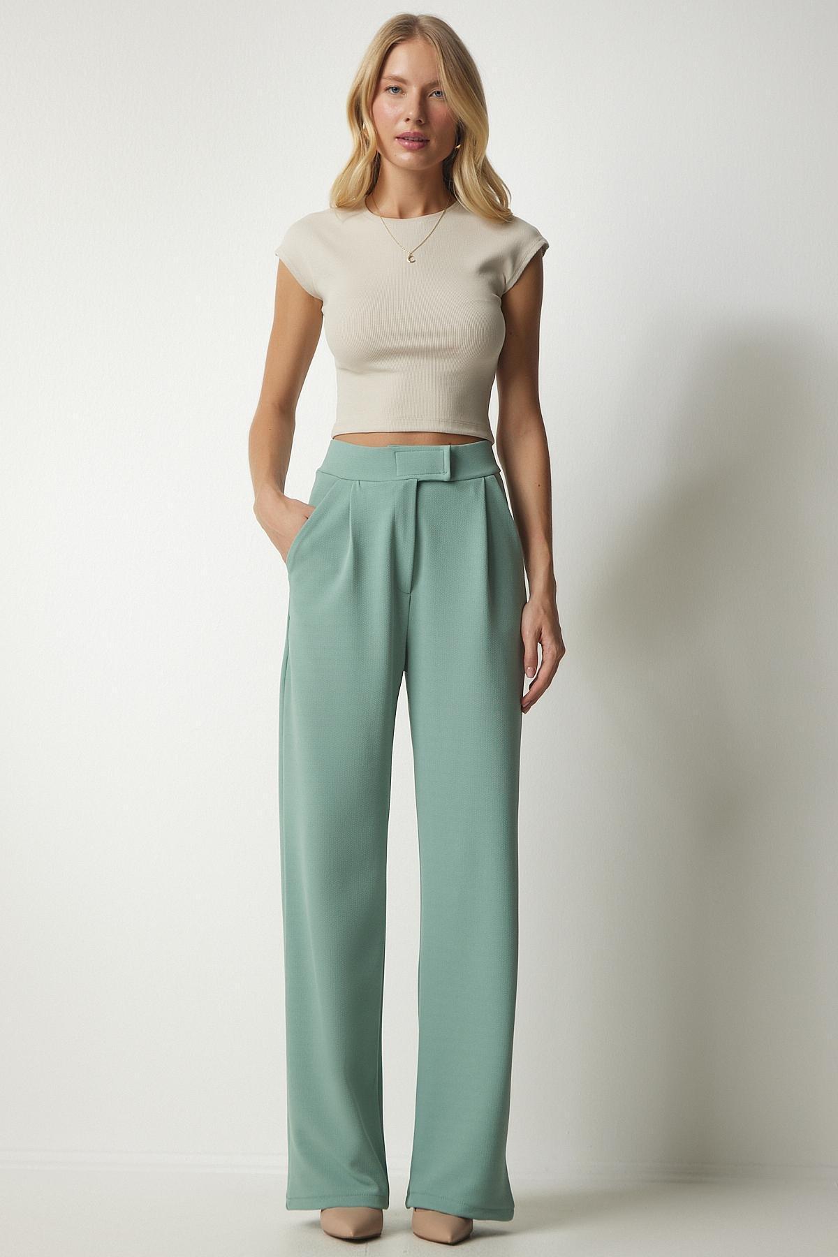 Happiness Istanbul - Green Comfortable Woven Trousers With A Waist