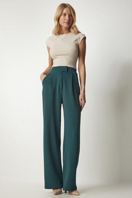 Happiness - Green Comfort Woven Pants With A Waist