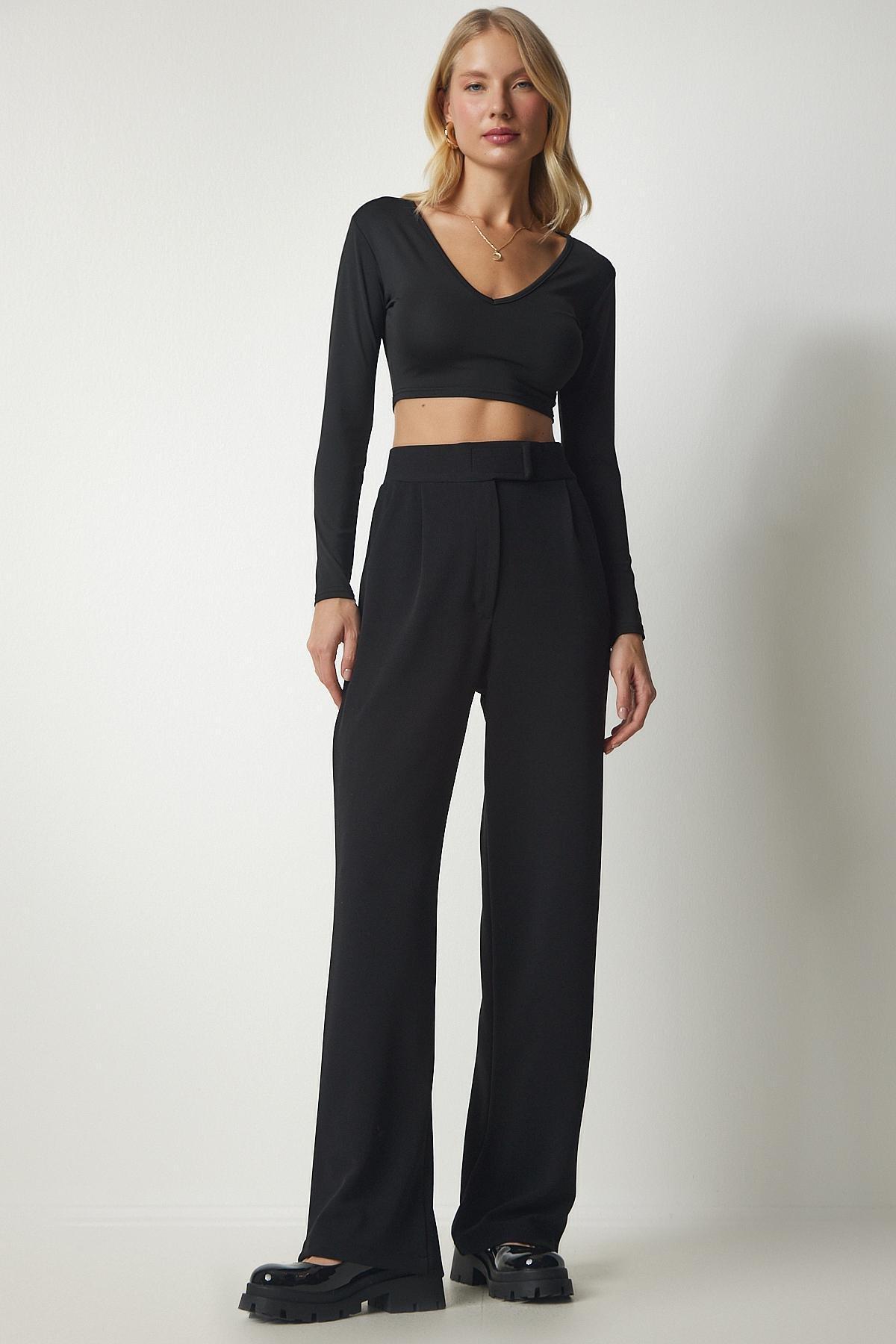 Black Comfortable Woven Pants With Waist, , large image number 0