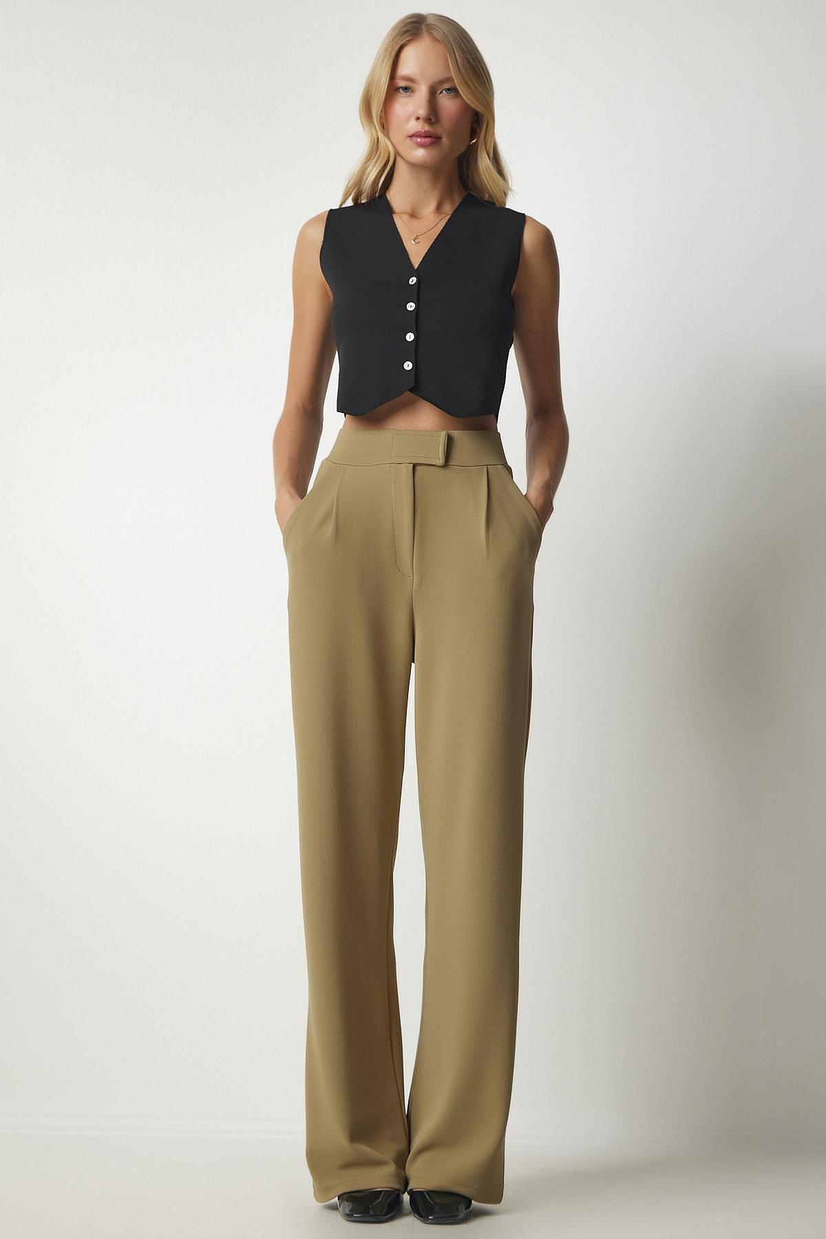 Khaki High Waist Wide Leg Pants, , large image number 0