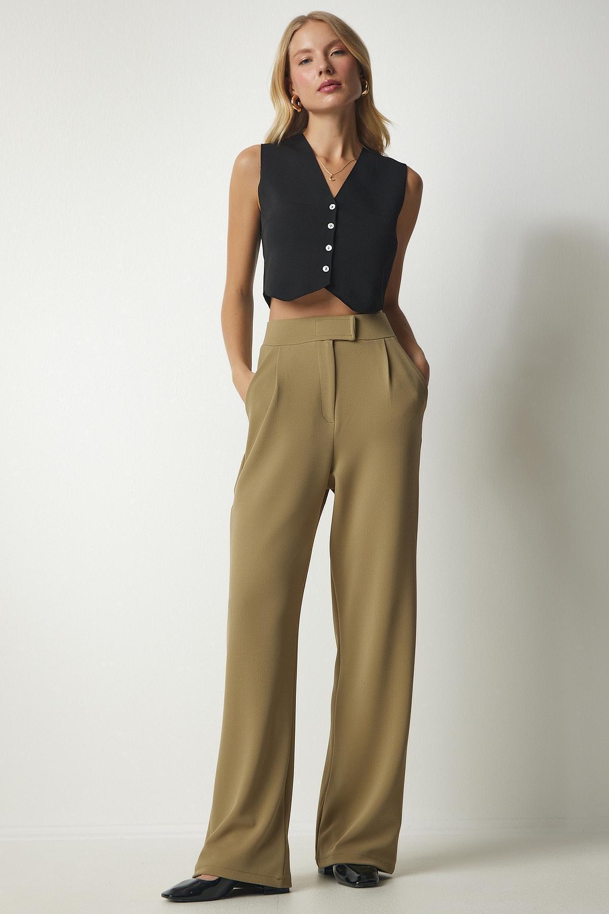 Khaki High Waist Wide Leg Pants, , large image number 2