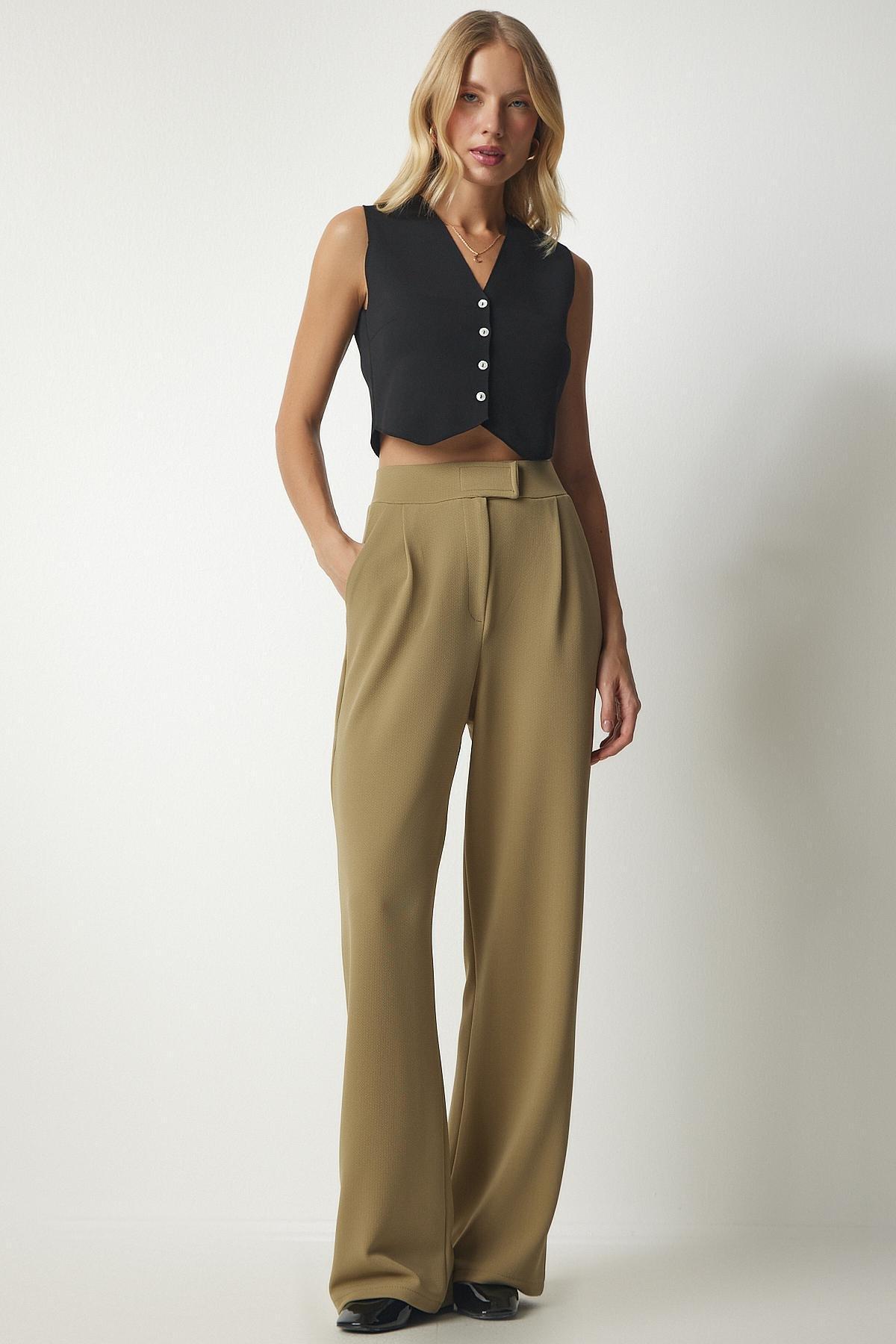 Khaki High Waist Wide Leg Pants, , large image number 4