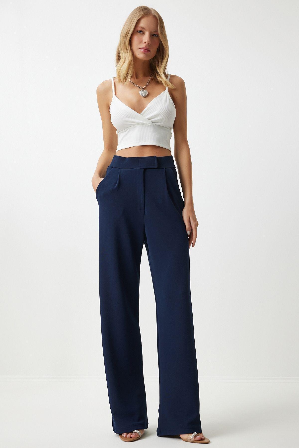 Navy Comfortable Woven Pants With Waist, , large image number 1