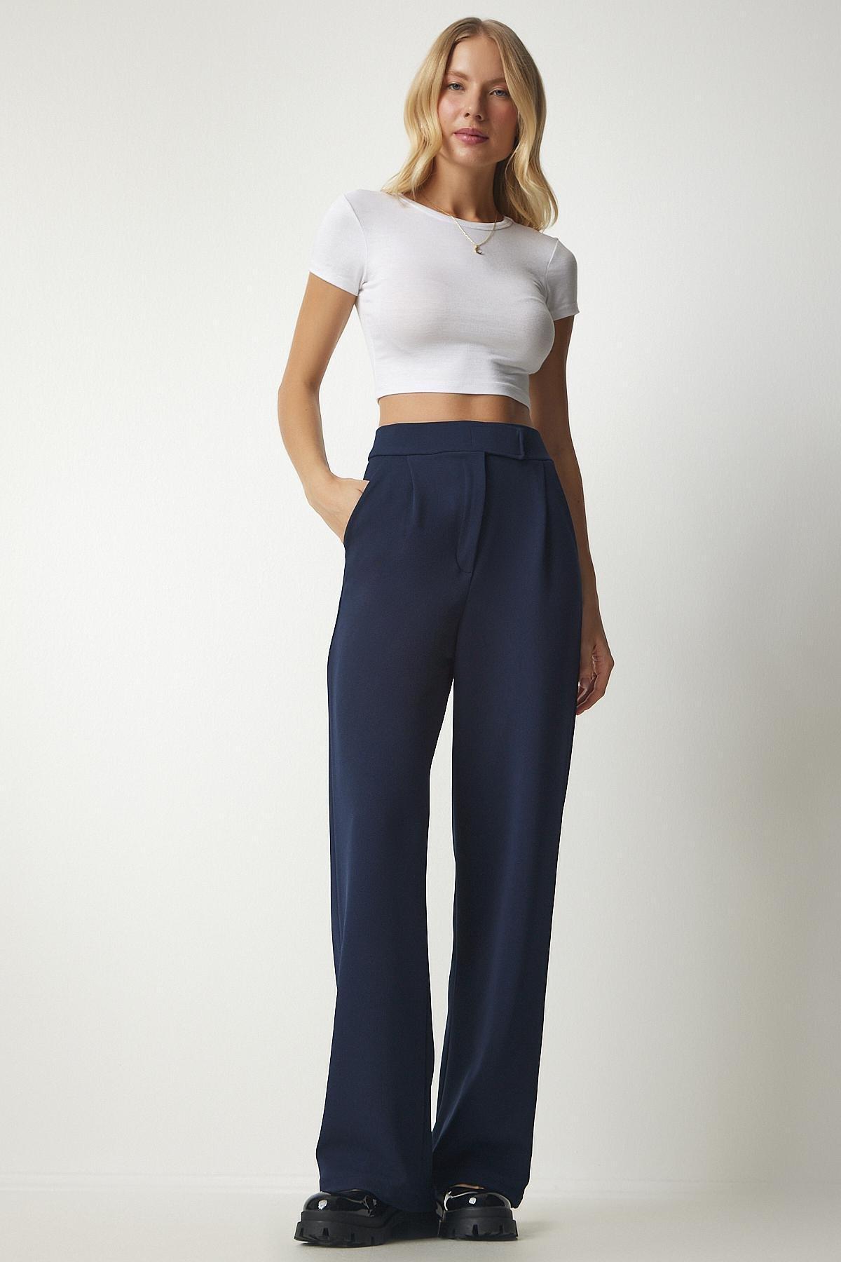 Navy Comfortable Woven Pants With Waist, Navy blue, large image number 1