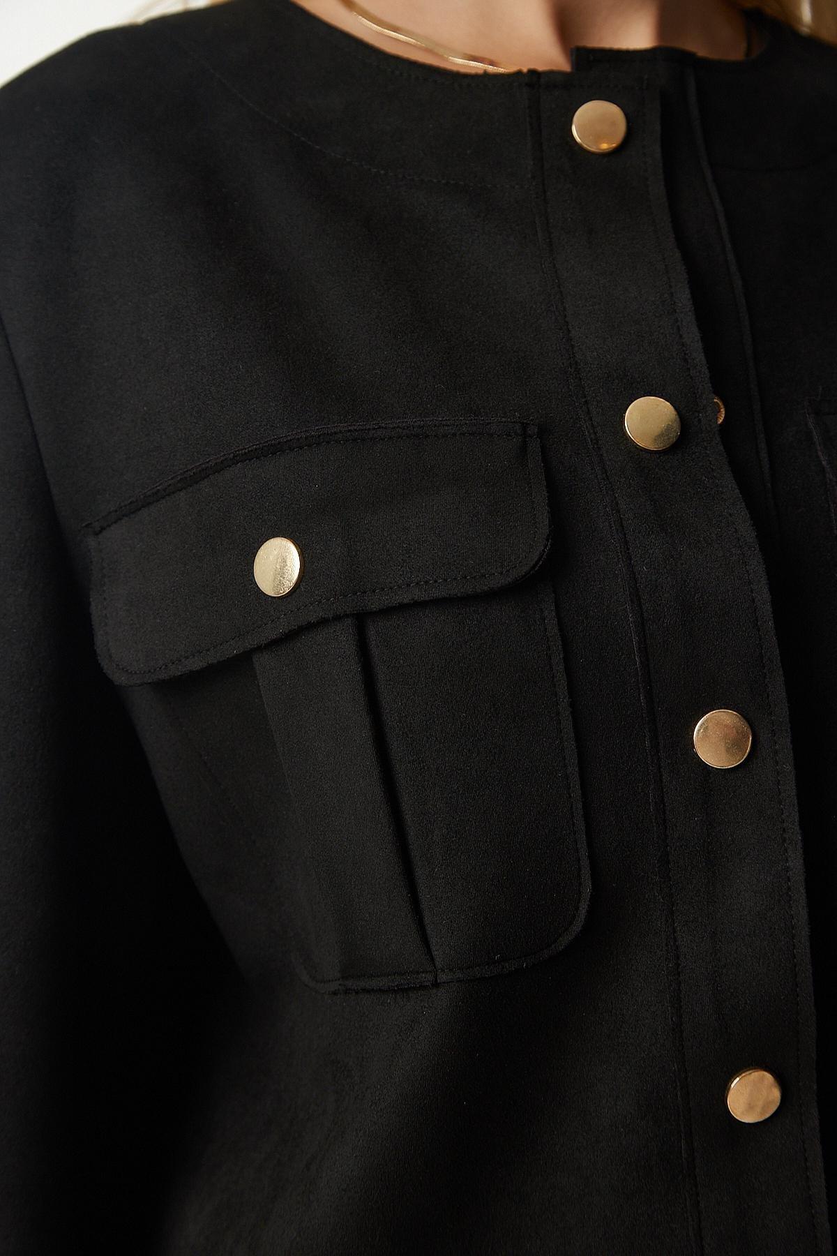 Happiness Istanbul - Black Snap Closure Stylish Woven Jacket