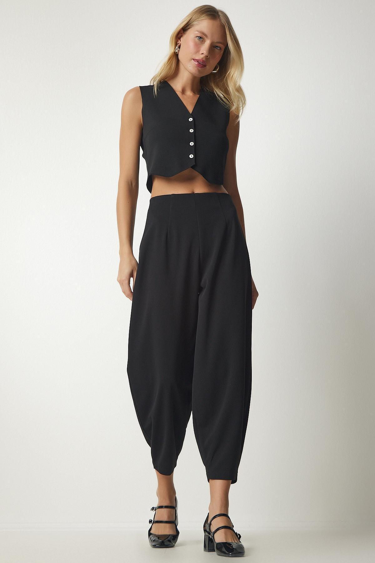 Black Darted Woven Shalwar Trousers, , large image number 1